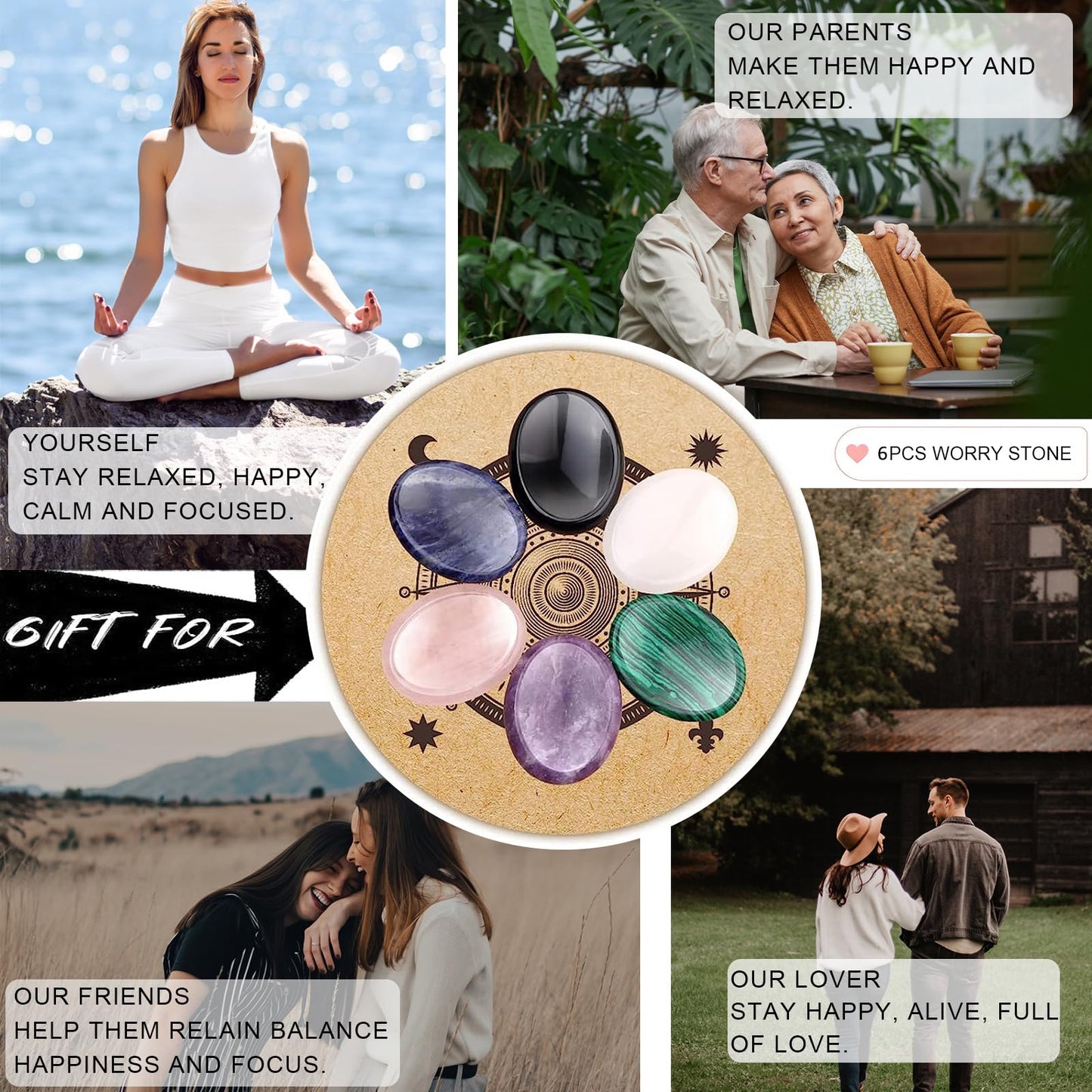 GolbalJew 6PCS Thumb Worry Stone for Anxiety Healing Crystals Sets, Hand Carved Crystals and Healing Stones, Meditation Crystal Reiki Natural Relax Palm Stone for Anxiety Therapy Relief