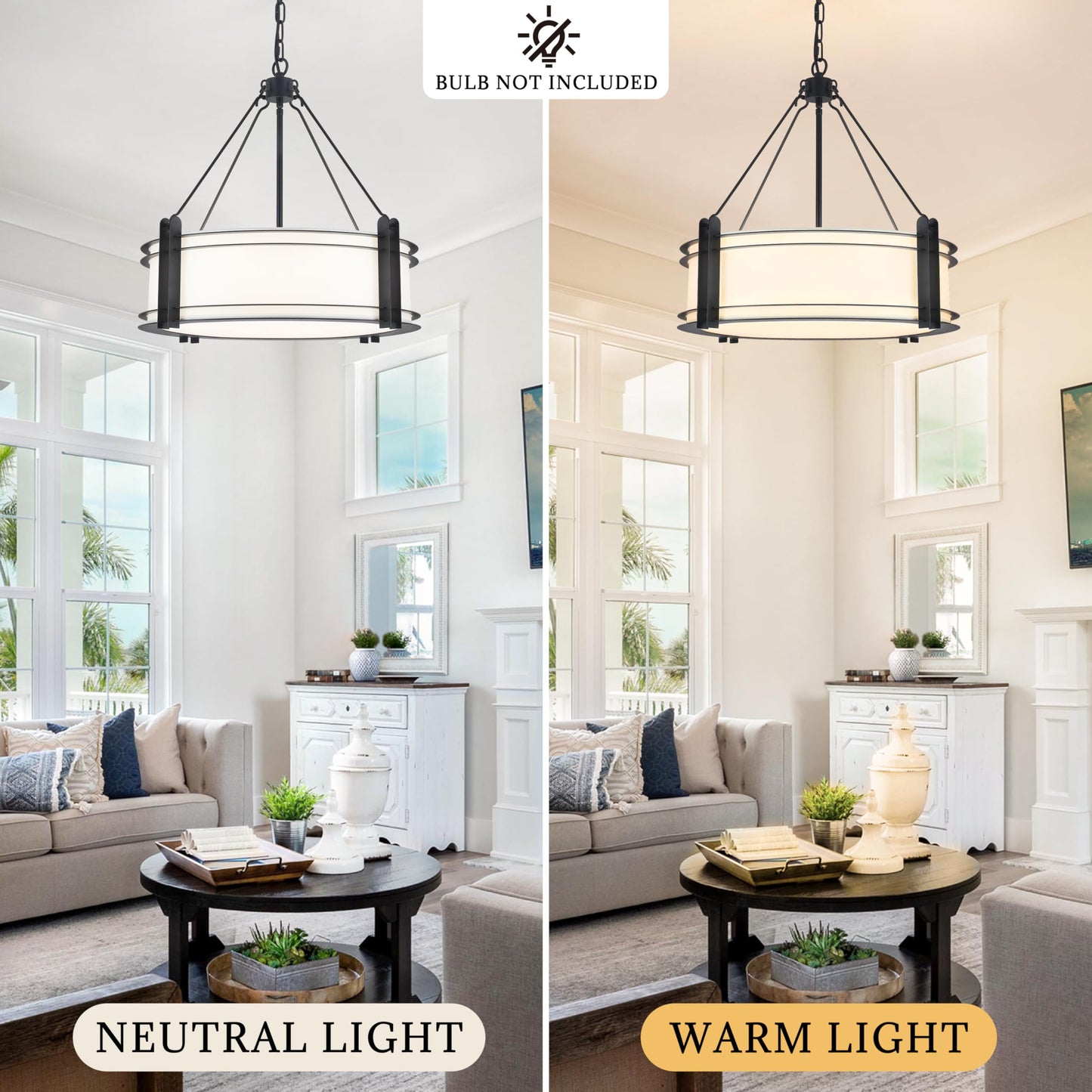 NZZDYI 20.4''Drum Chandelier,5-Light Fabric Modern Chandeliers,Black Farmhouse Round Pendant Light Fixture for Dining Room Kitchen Island Living Room Bedroom Hallway