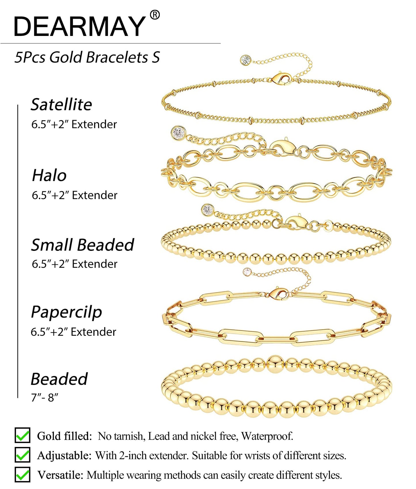 DEARMAY 14K Gold Plated Bracelets for Women Gold Jewelry Set for Women Beaded Bracelets Dainty Paperclip Chain Bracelet Pack Gifts