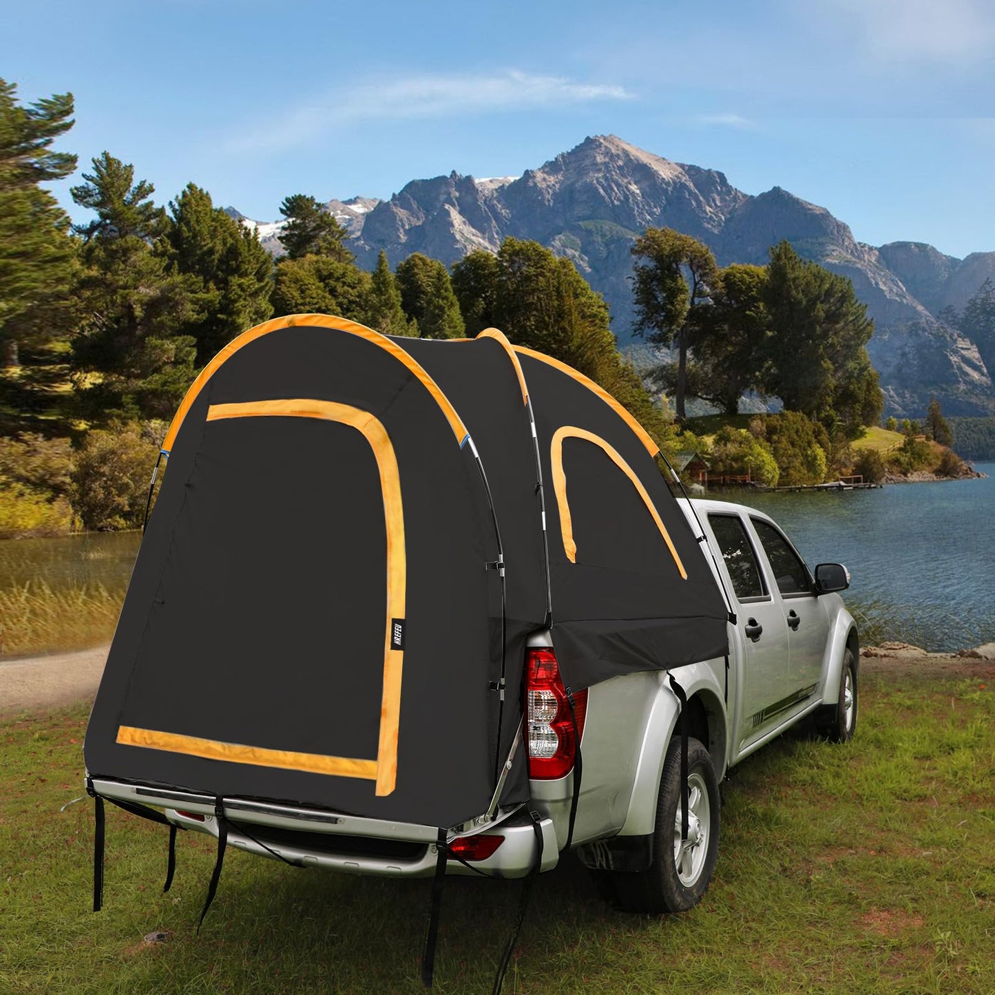 HREFEU Pickup Truck Blackout Tent, Portable Truck Bed Tent for Camping, Waterproof PU2000mm Double Layer for 2 Person, Compact and Full Size Regular Bed Long Bed (Black) (5.0-5.2)