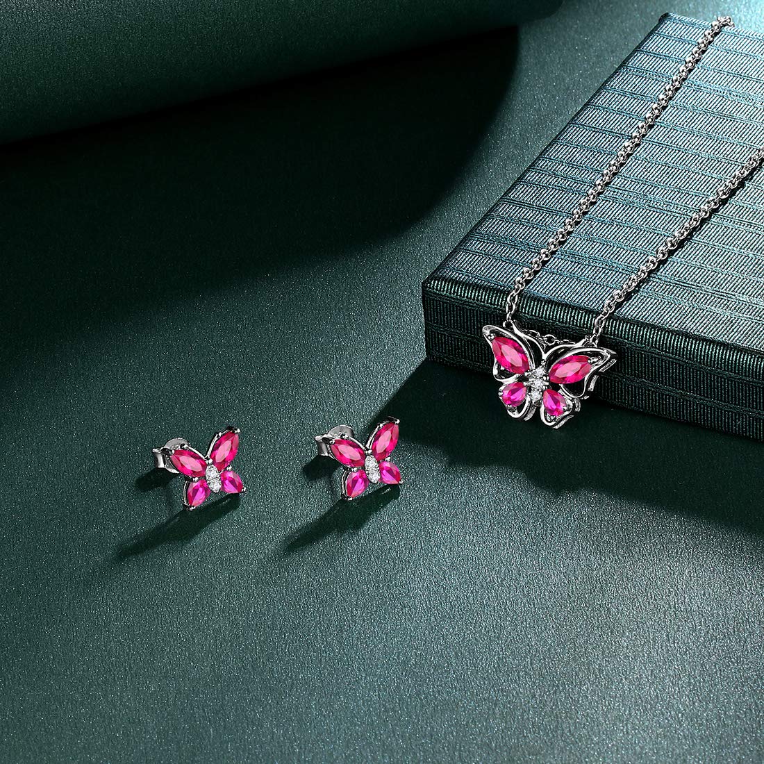 Hipunk Butterfly Red Jewelry Sets Birthstone Women 925 Sterling Silver July-Ruby Birth Stone Animal Butterflies Jewelry Sets/Earring Set Crystal Birthday Jewelry SS0001R