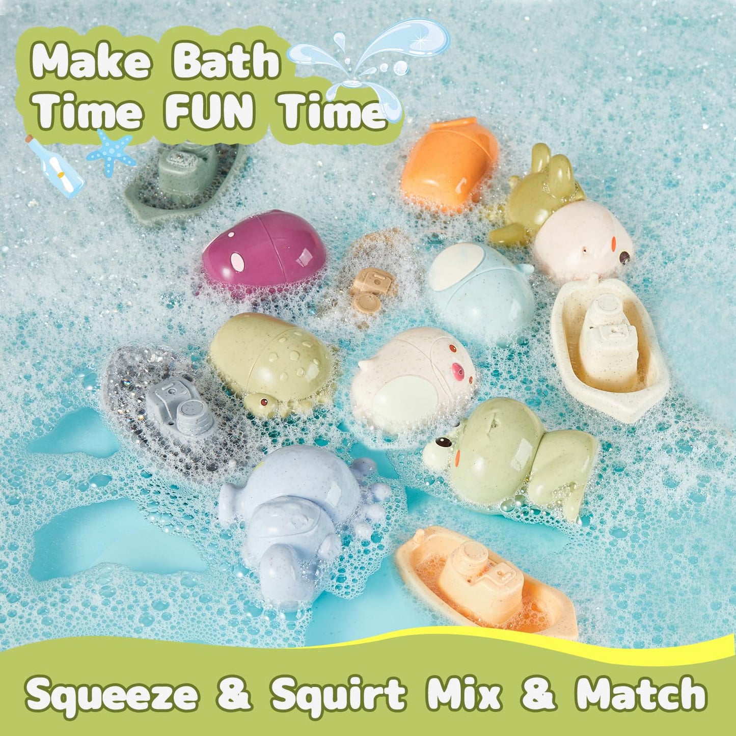 AMCHSURI Animal Bath Toys with Floating Boats for Toddlers 1-3, 15 PCS Mold Free Bathtub Toy for Infants 6-12 Months, Eco-Friendly Non Toxic Water Table Toys