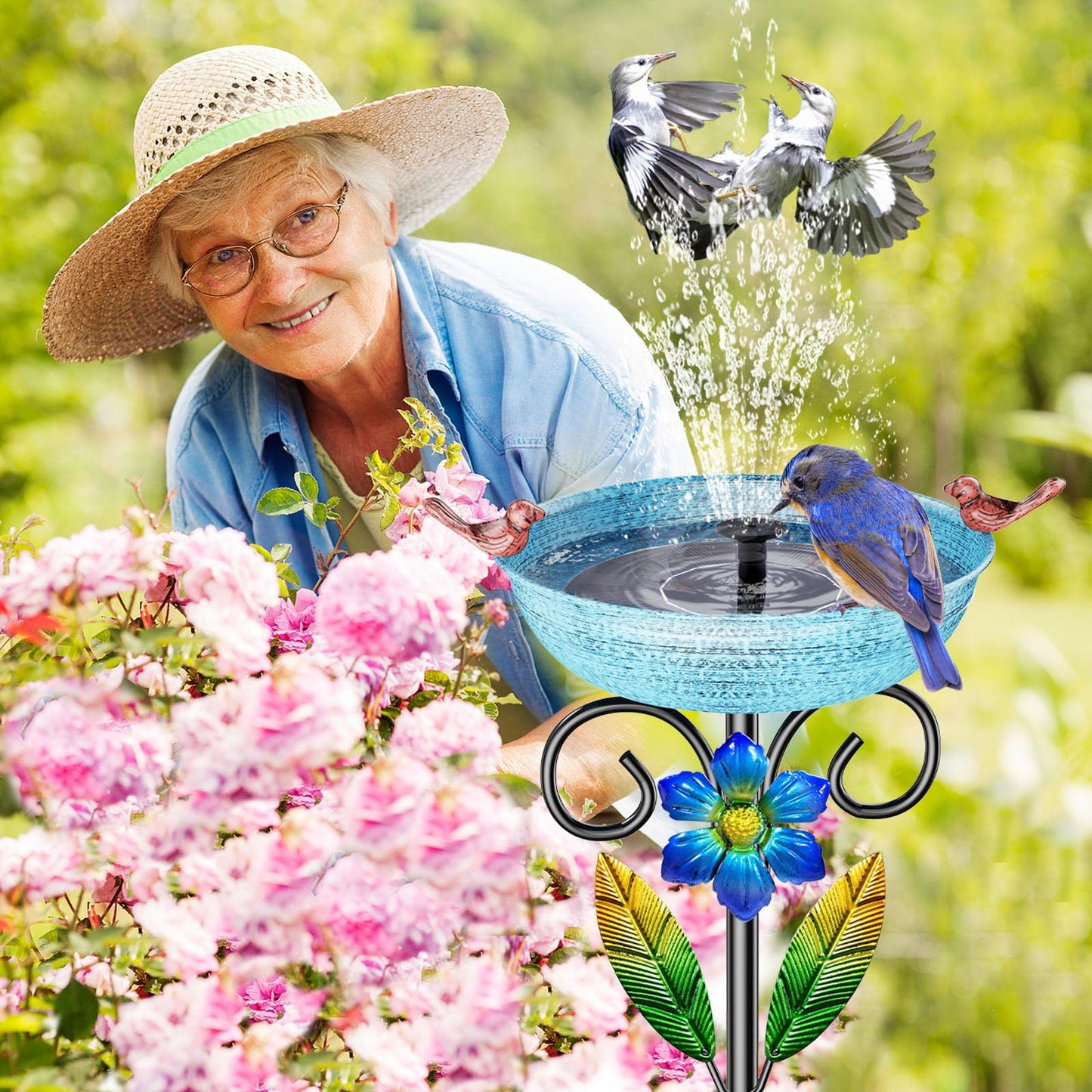 SHUONIVS Metal Bird Bath for Outside, Freestanding Birdbaths Detachable Decoration Spa Birdfeeder, Bird Baths Feeder Bowl for Outdoors Garden Patio Yard Lawn Decor (Blue+Flower)