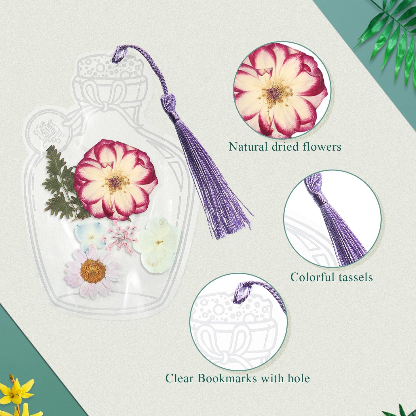 TaoBary 91 Pcs DIY Handmade Transparent Dried Flower Bookmark Set Include Butterflies Clear Bookmarks Dried Flowers Colorful Tassels and Tweezer for Book Bottle Supplies(Gentle Colors)