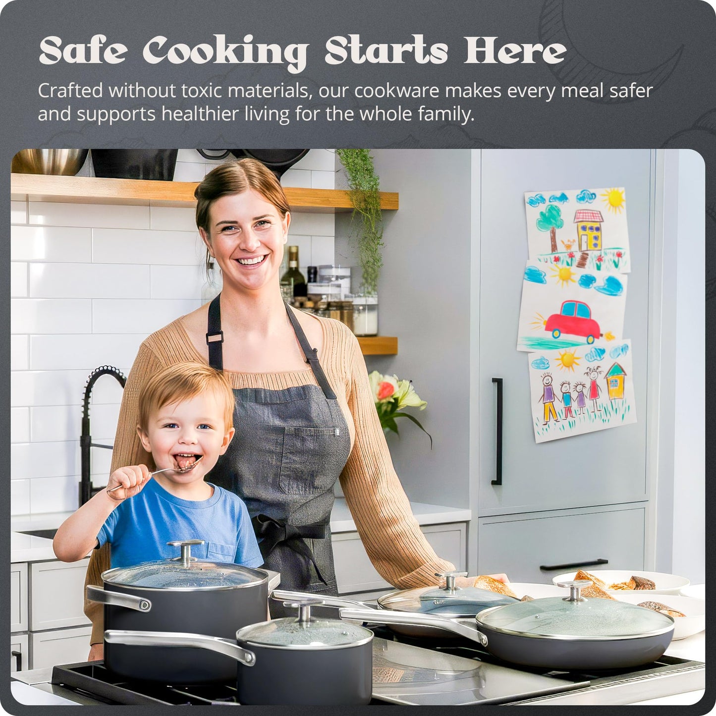 Premium Non-Toxic Ceramic Cookware Set – Triple-Layer Nonstick 12 Piece Pots and Pans with Lids, PFAS-Free, Oven Safe for Healthy Meals, Space-Saving Design, Midnight Gray Color | Greater Goods