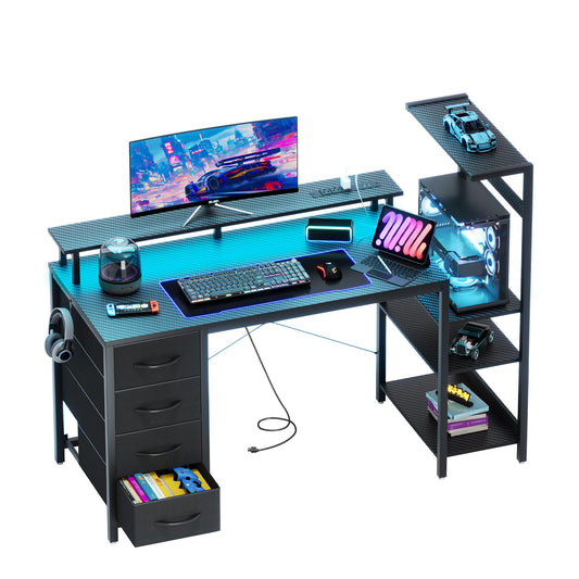 51 Inch Gaming Desk with LED Lights and Power Outlets, Computer Desk with Storage Shelves, Fabric Drawers, Monitor Stand & Side Hook, Reversible Gamer Table for Home Office, Carbon Fiber Black