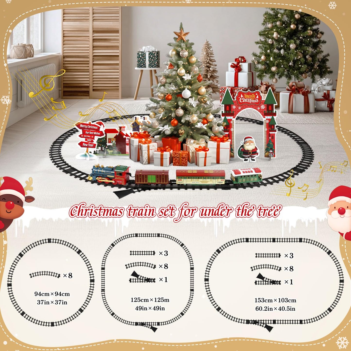 Christmas Steam Electric Train Set Gifts Box with Track, Lights, Music, Smoke, USB Rechargeable Battery,Includes Locomotive and Cars,Card Scene Setup, Under Christmas Tree, Holiday Toy for Kids Age 3+