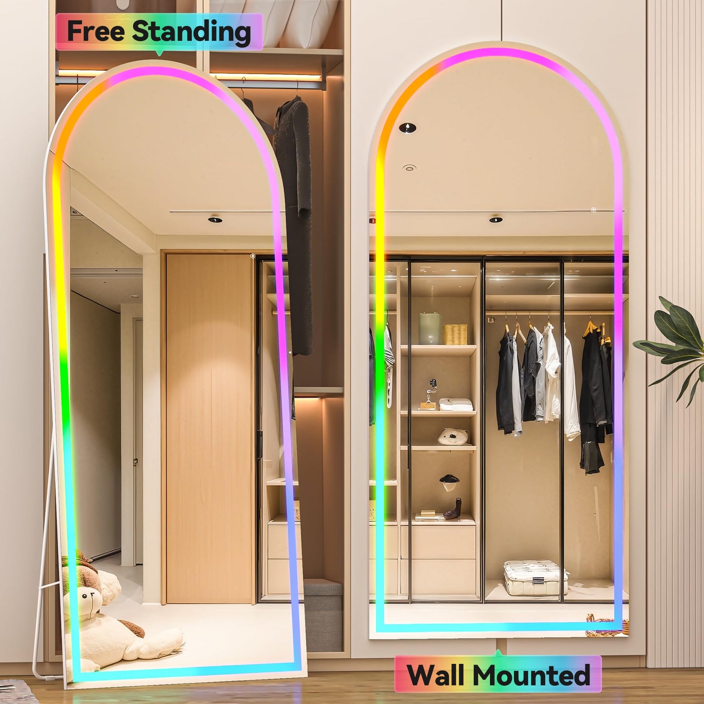 Hasipu 56" x 16" Arch LED RGB Bluetooth Full Length Mirror with Stand ＆ 7 Color Lighting Modes, Full Body Mirror with White Frame for Bedroom, Living Room, Dressing Room