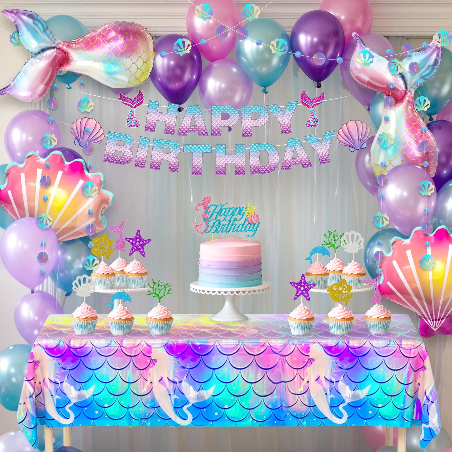 Winrayk Purple Mermaid Party Decorations Birthday Supplies for Girls, Large Foil Balloon with Birthday Banner/ Shell Garland/ Tablecloth/ Metallic Balloon/ Cake Topper, Little Mermaid Party Decoration