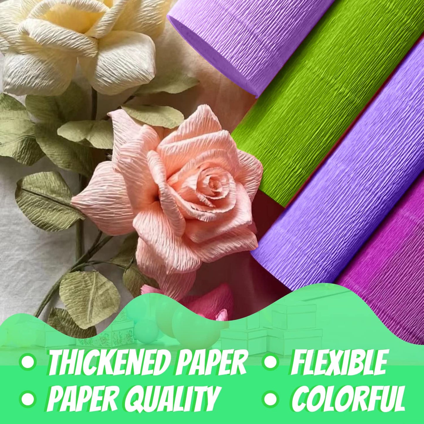 Crepe Paper 6 Rolls Wide Crepe Paper Streamers 10 Inch x 8 Feet Artificial Floral Arrangements DIY Flower Making Kits Green Floral Tape and Wire for Wedding Festival Party Decorations Craft Supplies