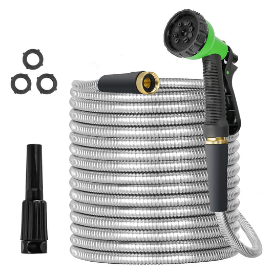 TVKB Metal Garden Hose 25ft Stainless Steel Metal water Hose Super Tough & Flexible Water pipe Lightweight, Crush Resistant Aluminum Fittings, Kink & Tangle Free, Rust Proof