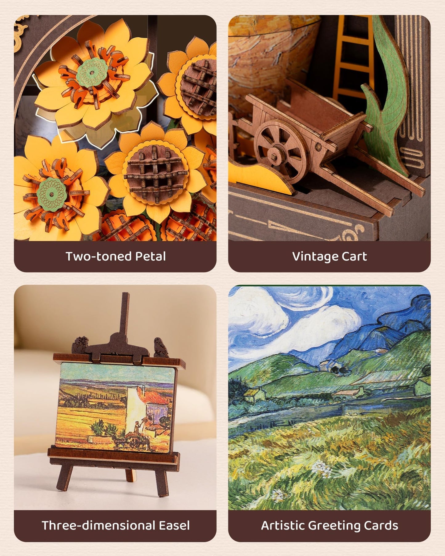 Wowood 3D Wooden Puzzles for Adults - Van Gogh Golden Sunflower DIY Model Building Kits with LED Light - Gifts for Mothers Day - Home Decor, Wall Art & Unique Creative Gifts for Art Lovers/Men/Women