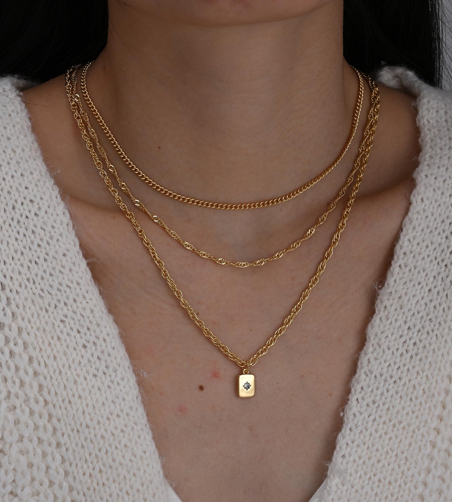 YEEZII Layered Gold Necklaces for Women Trendy, 3 Pcs 14K Gold Plated Choker Paperclip Box Chain Necklace, Stackable Women's Gold Pendant Necklaces Jewelry Set (Yellow Gold)