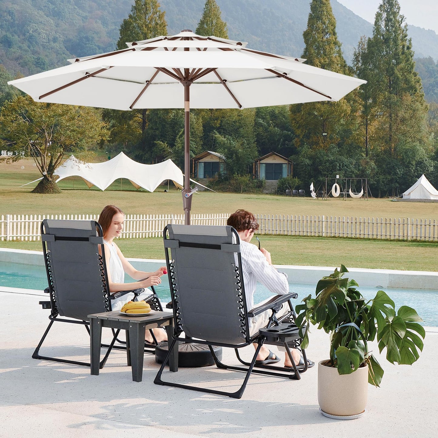 JEAREY 9FT 3 Tier Patio Umbrella Outdoor Market Umbrella Table Umbrellas with 8 Ribs 1.5 Pole Push Button Tilt and Crank UV Protection for Garden,Off-white