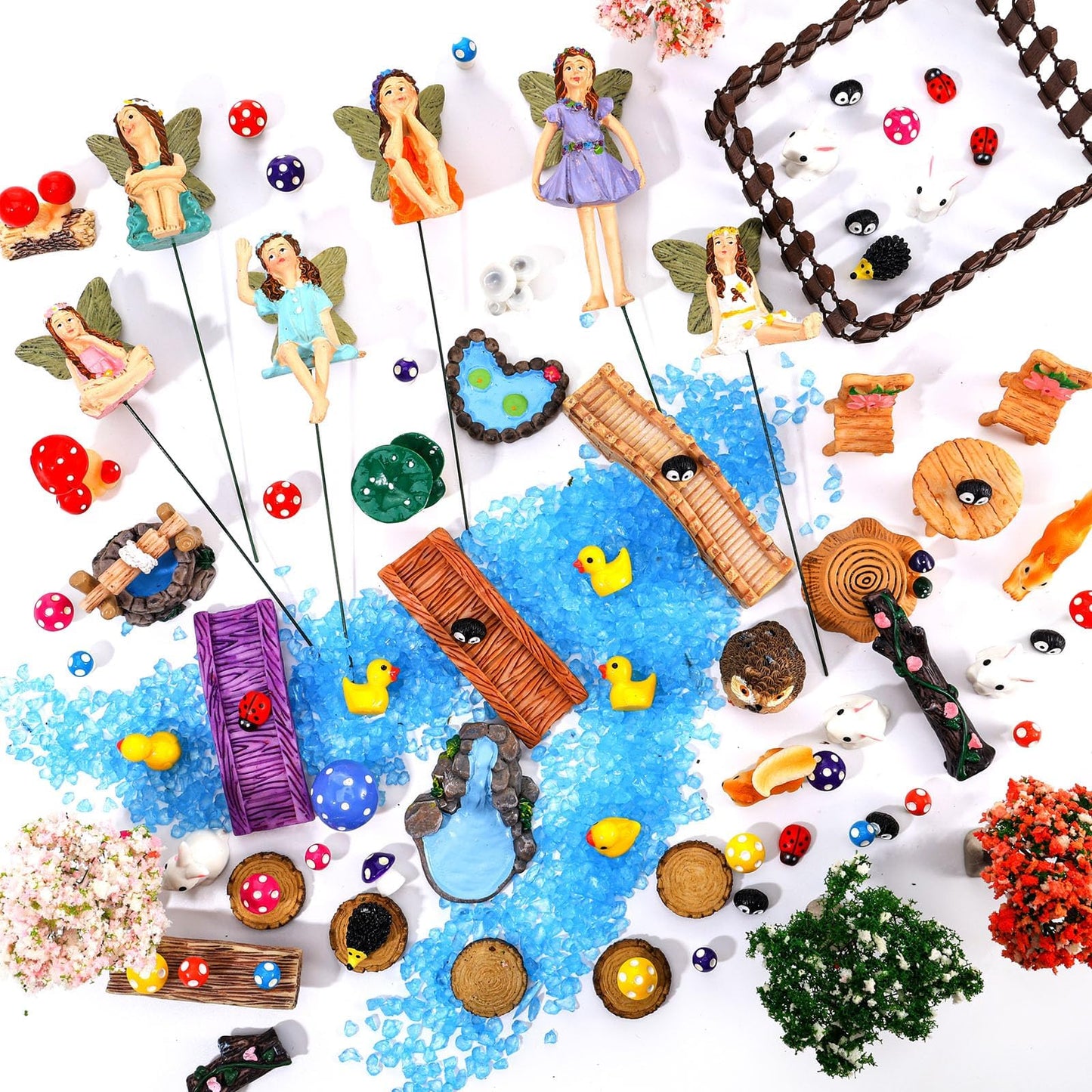 HIYZI 100 Pcs Fairy Garden Accessories Miniatures Figures Kit Micro Landscape Terrarium Ornaments Resin Mushroom Animal Fake Pond Lawn Bridge Garden Dollhouse Decoration