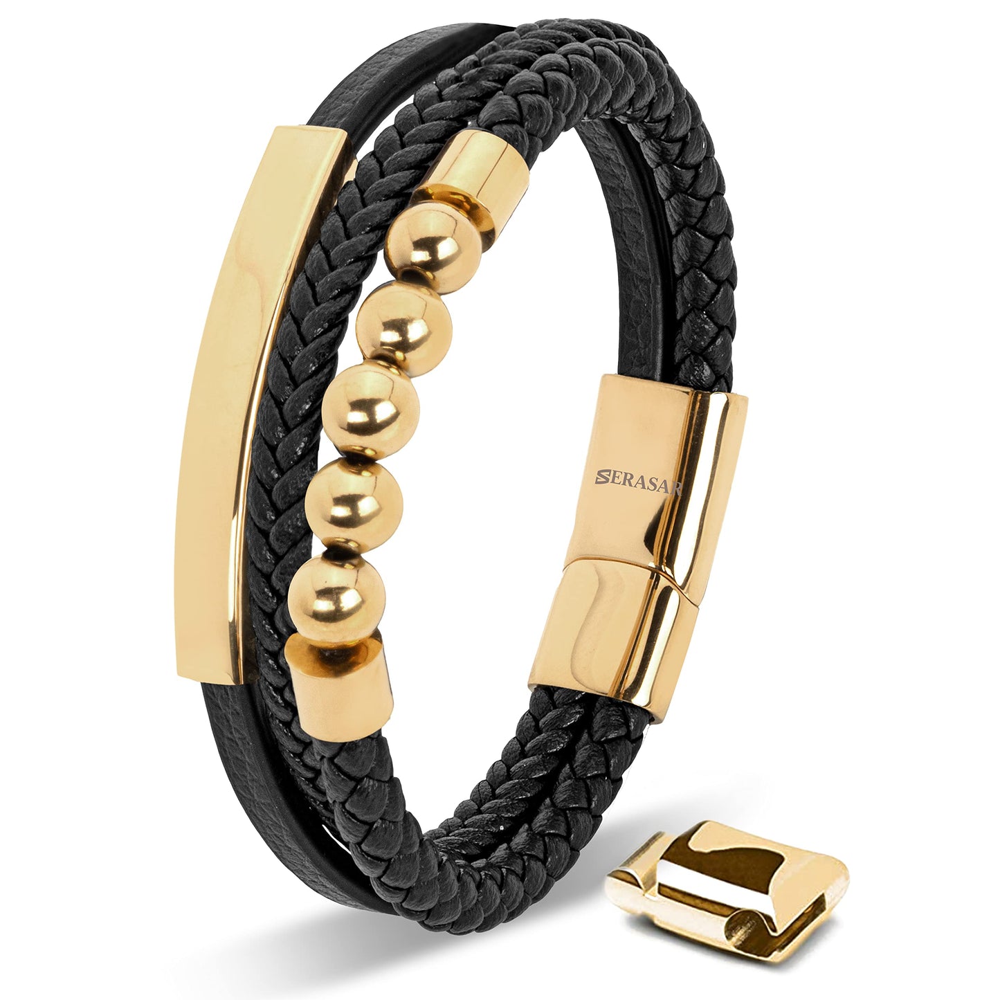 SERASAR Men's Gold Bracelet 17cm Leather Or Gift Box Braided Cowhide Adjustable Magnetic Clasp Multi Layer Wrap Jewelry Rope Male Men Magnet