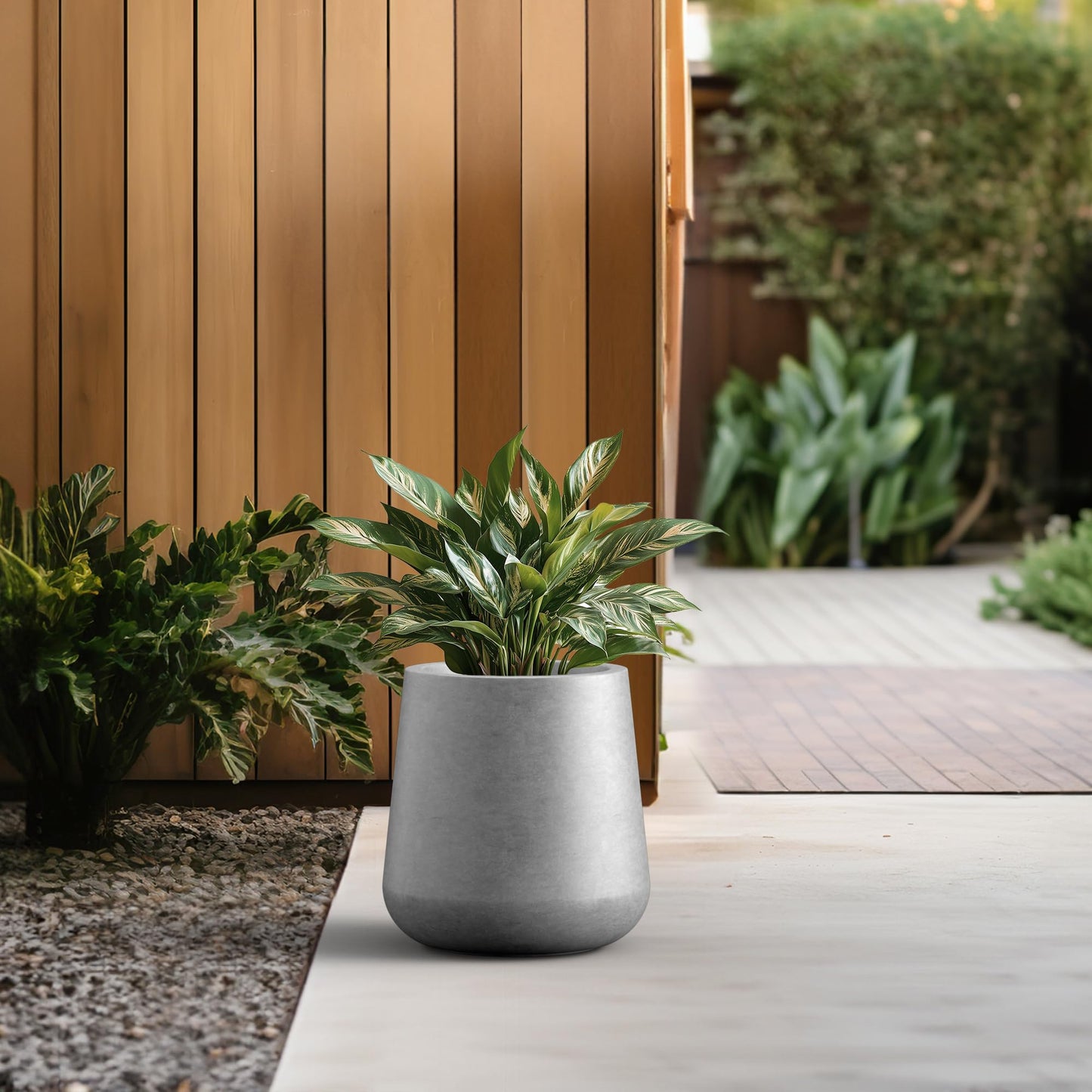 Kante 11.8-Inch Dia Round Concrete Garden Pot with Drainage Hole & Rubber Plug - Indoor/Outdoor Lagre Plant Pot for Home, Garden, Patio, Natural Concrete