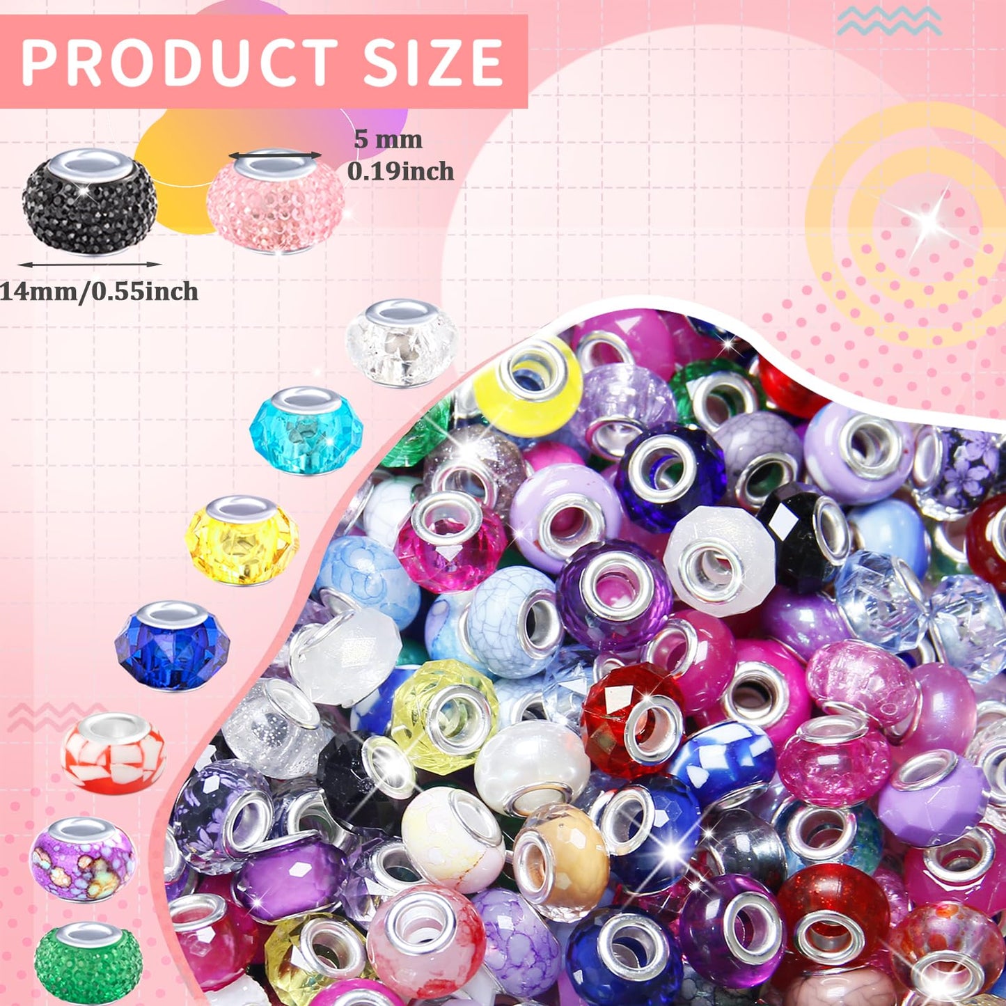 200 Pieces Large Hole Beads Spacer Bead Mixed Assorted European Craft Big Beads Large Hole Lampwork Murano Fairy Wand Garden Bead for DIY Pens Charms Bracelet Necklace Keychain Jewelry Making Supplies