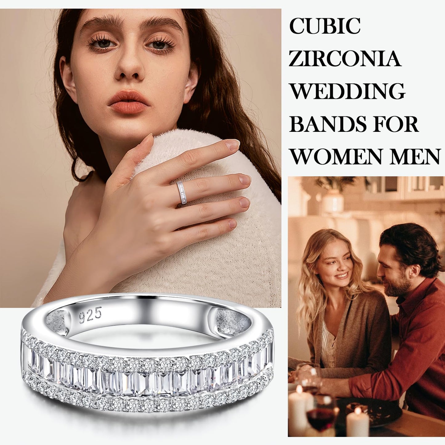 RANDES Cubic Zirconia Ring Wedding Bands for Women Emerald Cut Eternity Ring Baguette Channel Set Band Rings Size 8.5