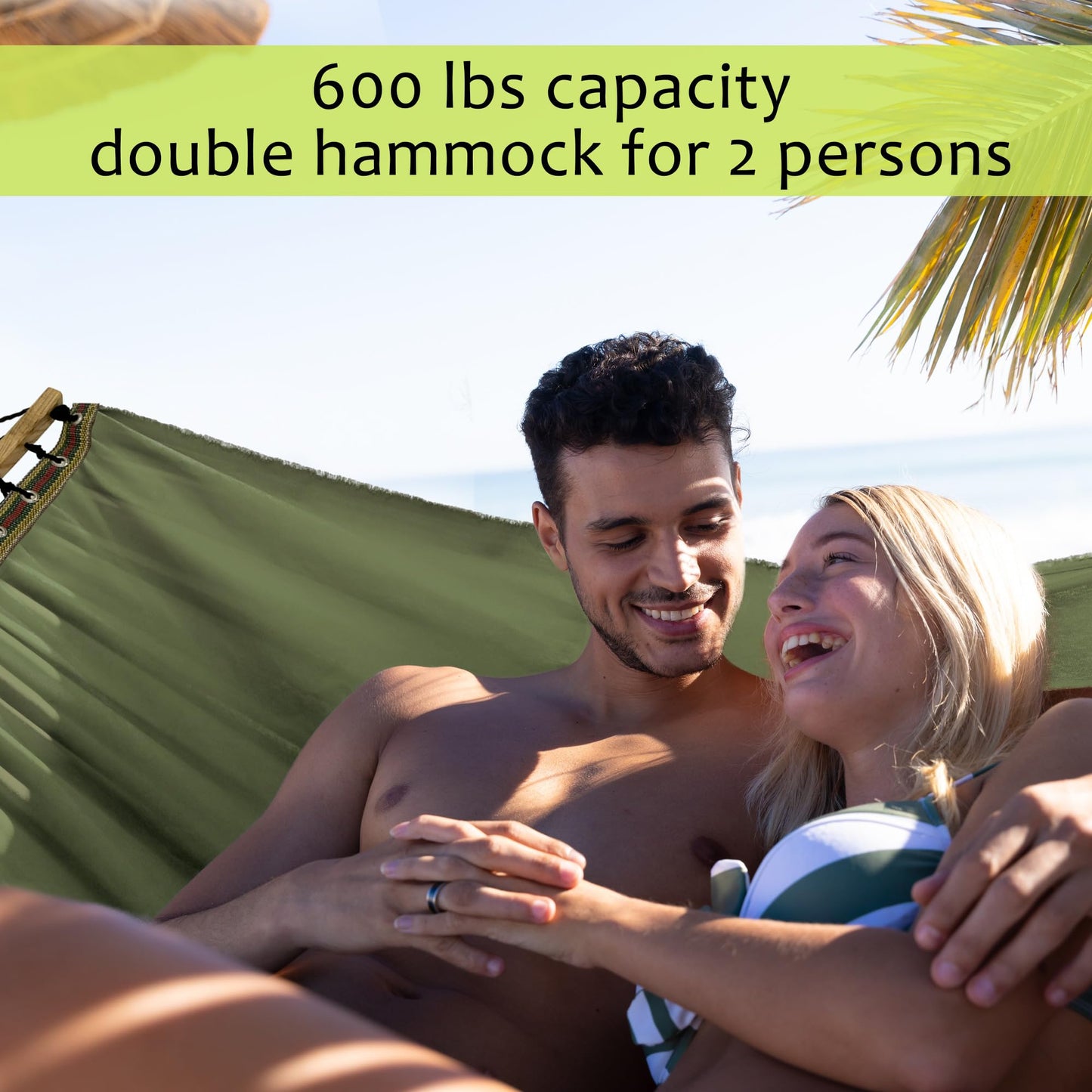 Tranquillo Double Hammock 2 Persons Cotton Canvas 600 lbs Portable Camping Hammock with Solid Curved Wood Spreader Bar Hammock for Camping Travel Indoor Patio Garden, Sage