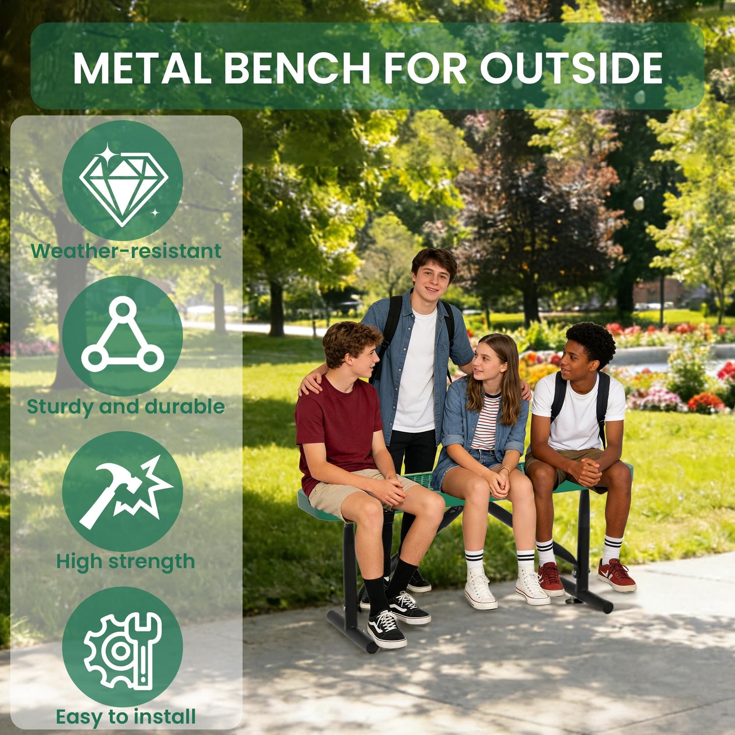 Hillzzer 4FT Metal Park Bench for Outside, Heavy-Duty Outdoor Bench with Thermoplastic-Coated, Weatherproof Steel Mesh Bench for Parks, Gardens, Patios, Stores, Green