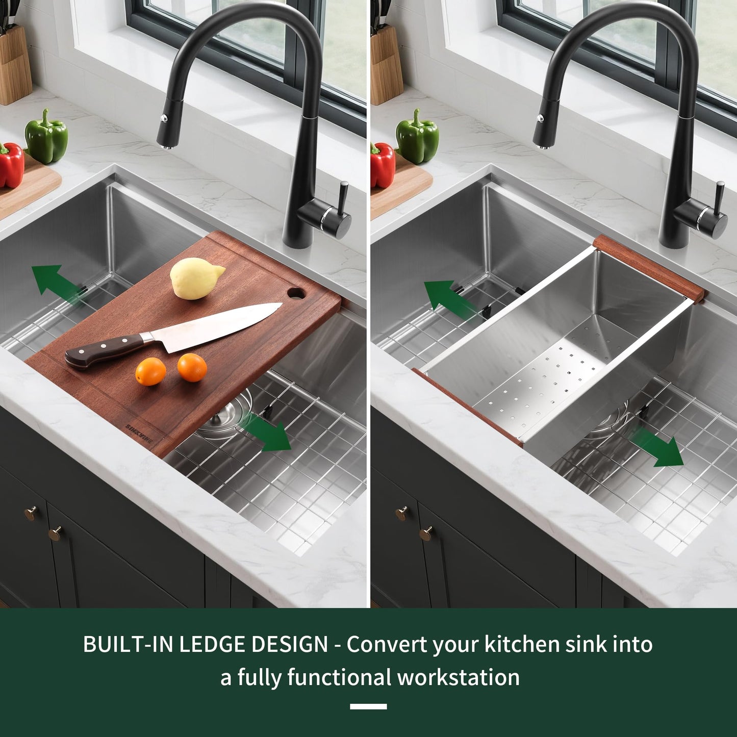 27-inch Undermount Kitchen Sink Workstation, SINKVINE 25x19 Outdoor Sink BBQ, Stainless Steel Single Bowl Basin w/Sapele-Wood Cutting Board, SST Colander w/Wood Handle, and Roll-up Dish Drying Unit