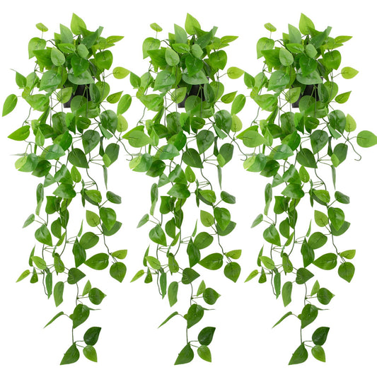 LOYWREE 3 Pack Small Artificial Hanging Plants with Faux Ivy Vine and Hanging Pothos 39Inch Fake Plant Realistic Greenery for Shelf Decor in Home, Office, Indoor & Outdoor Gardens