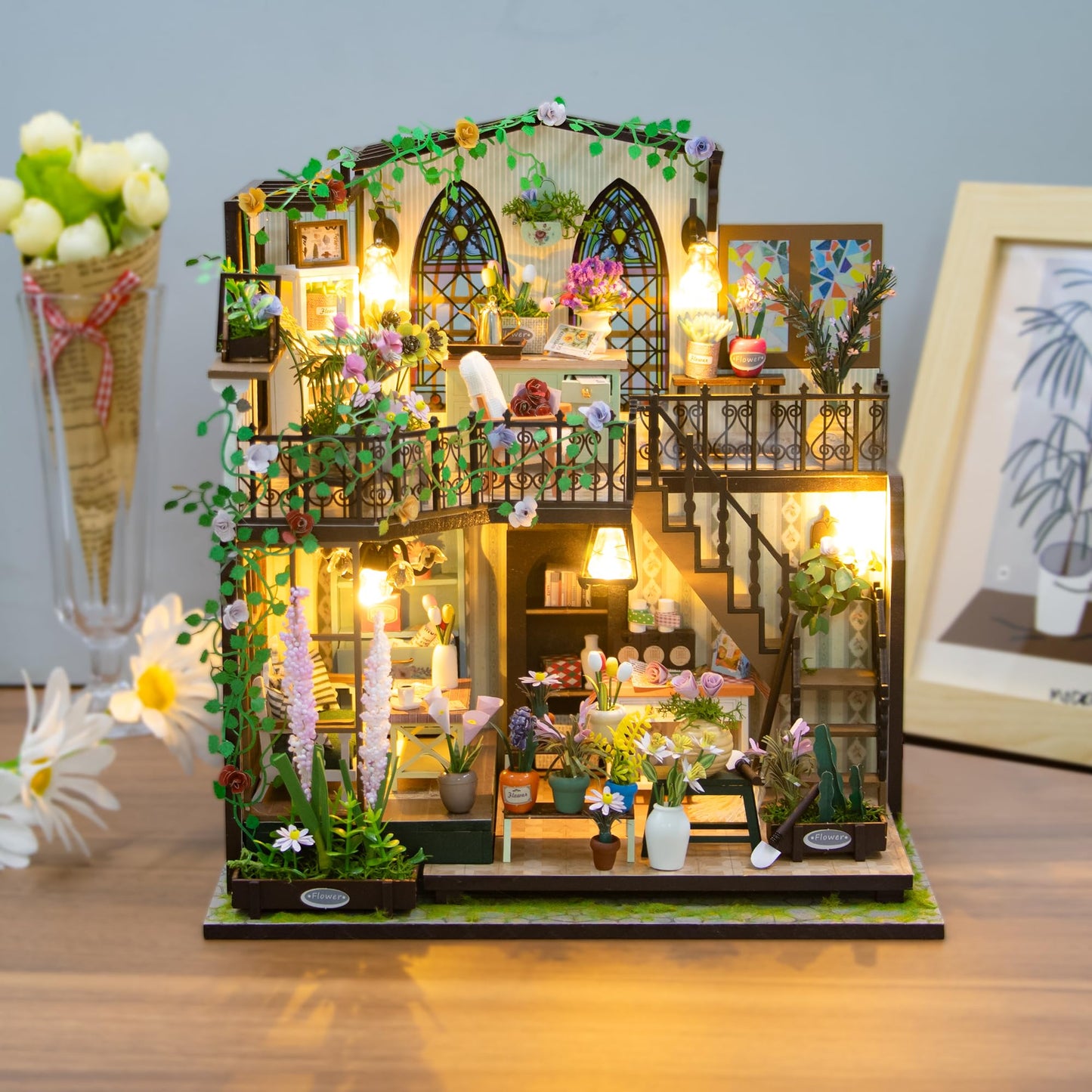 PANZIYU DIY Miniature House Kit, Fairy Dollhouse for Adults to Bulid,Tiny Home Making Kit with Wooden Furniture and LED, Halloween Decoration for Family and Friends (Darcy Flower House)