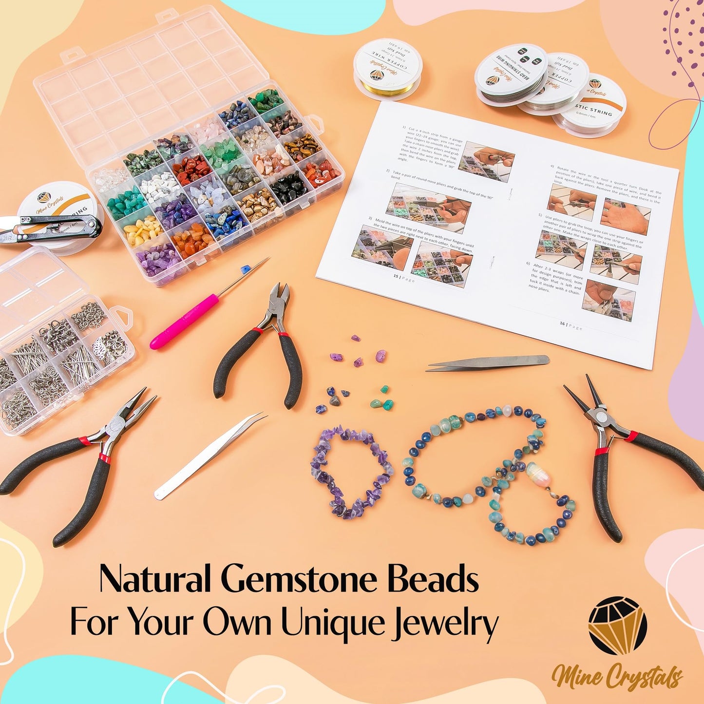 MineCrystals Jewelry Making Kit DIY Natural Crystal Chip Stones Beads Tools kit Jewelry Wires Findings Supplies Instruction Guide Gift Box for Adult Teens Craft Bracelet Earring Necklace