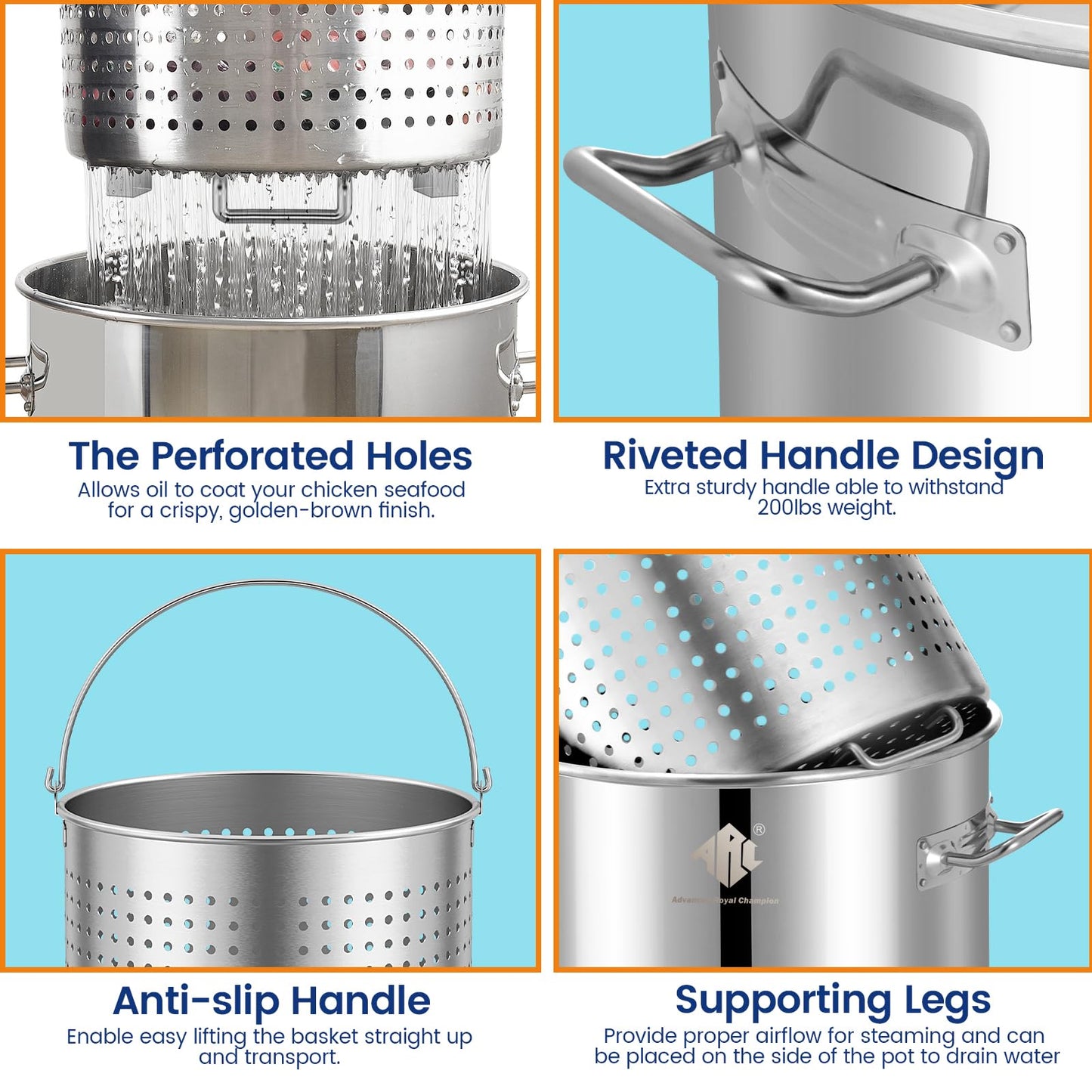 ARC 52QT Stainless Steel Stockpot for Crab Seafood Boiler Crawfish Pot with Basket and Steamer Rack, Outdoor Cooking Pot for Lobster Shrimp Boiling, Turkey Fryer and Tamales Steamer, 13 Gal