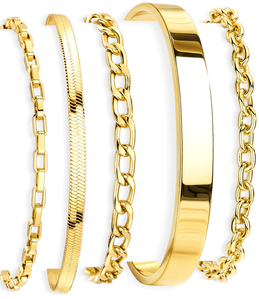 5PCS Gold Bracelet Stack for Women, Dainty Stackable Gold Bracelets Set, Gold Plated Stainless Steel Cuff & Chain Bracelets for Women Trendy, Gold Jewelry Set Gift