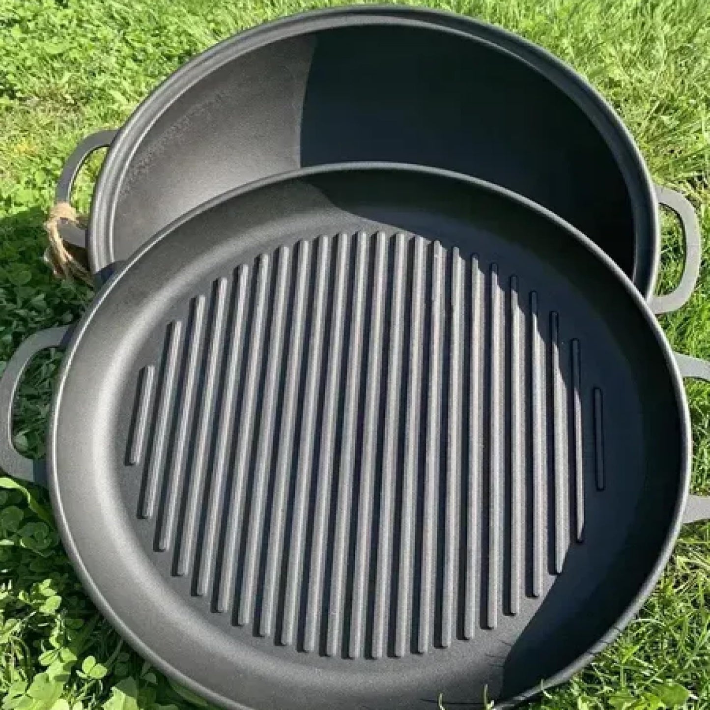 Dutch Oven Pot with Grill Lid (12.5 Quarts (12 L) Frying Pan Lid) – Maysternya Cast Iron Cookware Set – Camping Dutch Oven - Uzbek Kazan – Premium Camping Cookware – 2 in 1 Frying Pan + Cauldron