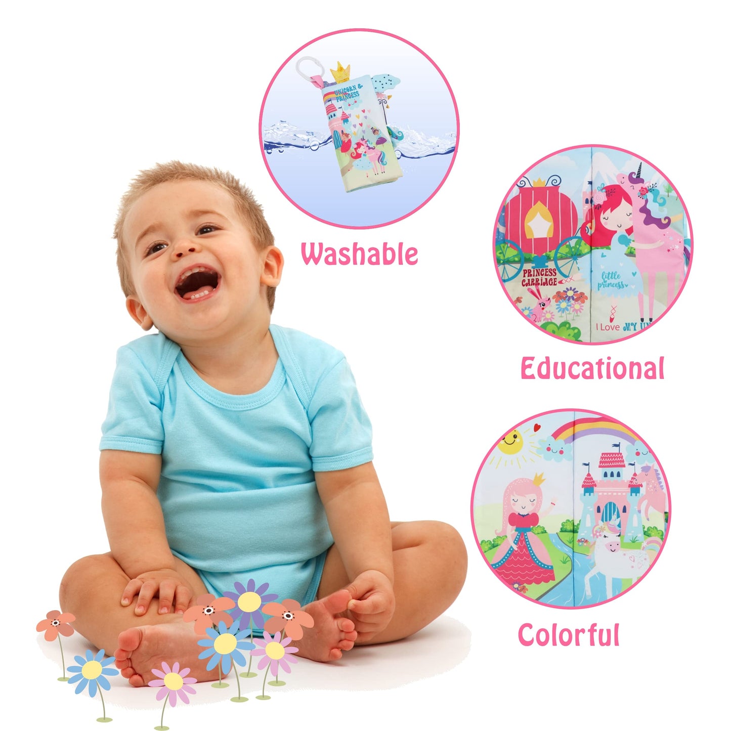 bebe mondo Unicorn Baby Books 0-6 Months Toys 6 to 12 Months, Touch Feel Cloth Crinkle Books for Babies,Infants, Soft Sensory Stroller Toys, Easter Baby Gifts Shower Items, Chweing Book (Princess)