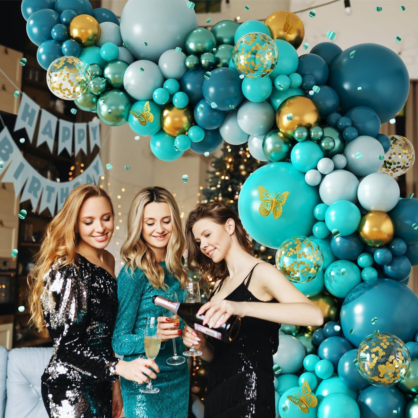 142pcs Teal Turquoise Balloon Arch Garland Kit with Teal Turquoise Pastel Blue Metallic Green Gold Confetti Balloons for Anniversary Bridal Shower Baby Shower Birthday Party Decorations
