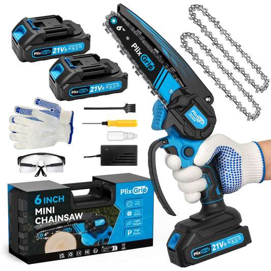 Mini Chainsaw, 6 Inch Mini Chainsaw cordless,21V with 2 Battery Powered Portable Handheld Small Chain Saw Use for Wood Cutting, Tree Trimming Handheld Saw, Home and Garden Tool (Bluce)