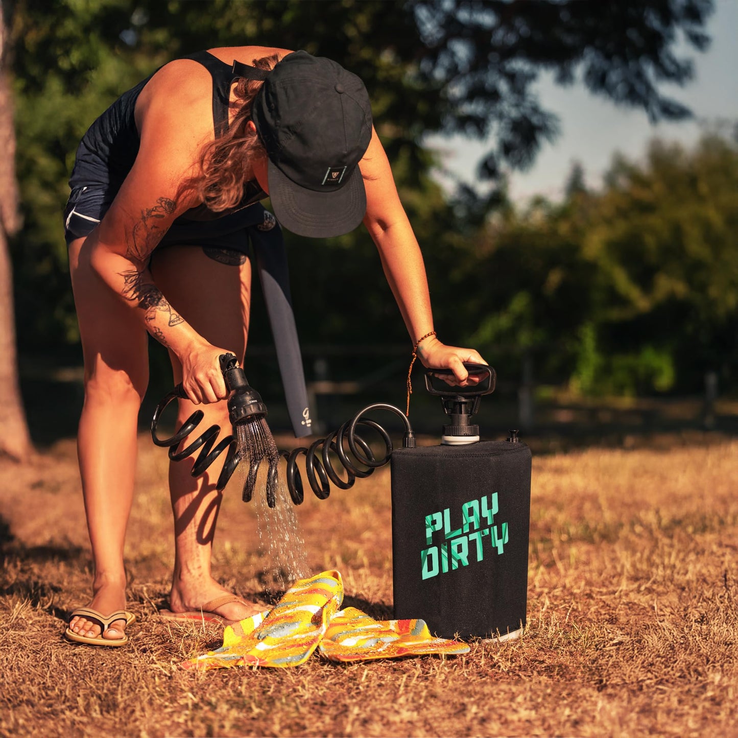 BeachBox 5 L Portable Shower for Camping with 5-Mode Spray Gun | Hand Pump (40–50 PSI), Neoprene-Insulated 7 ft Hose, Screw-Top Lid & Valve | Outdoor Portable Camp Shower (Play Dirty/Black)