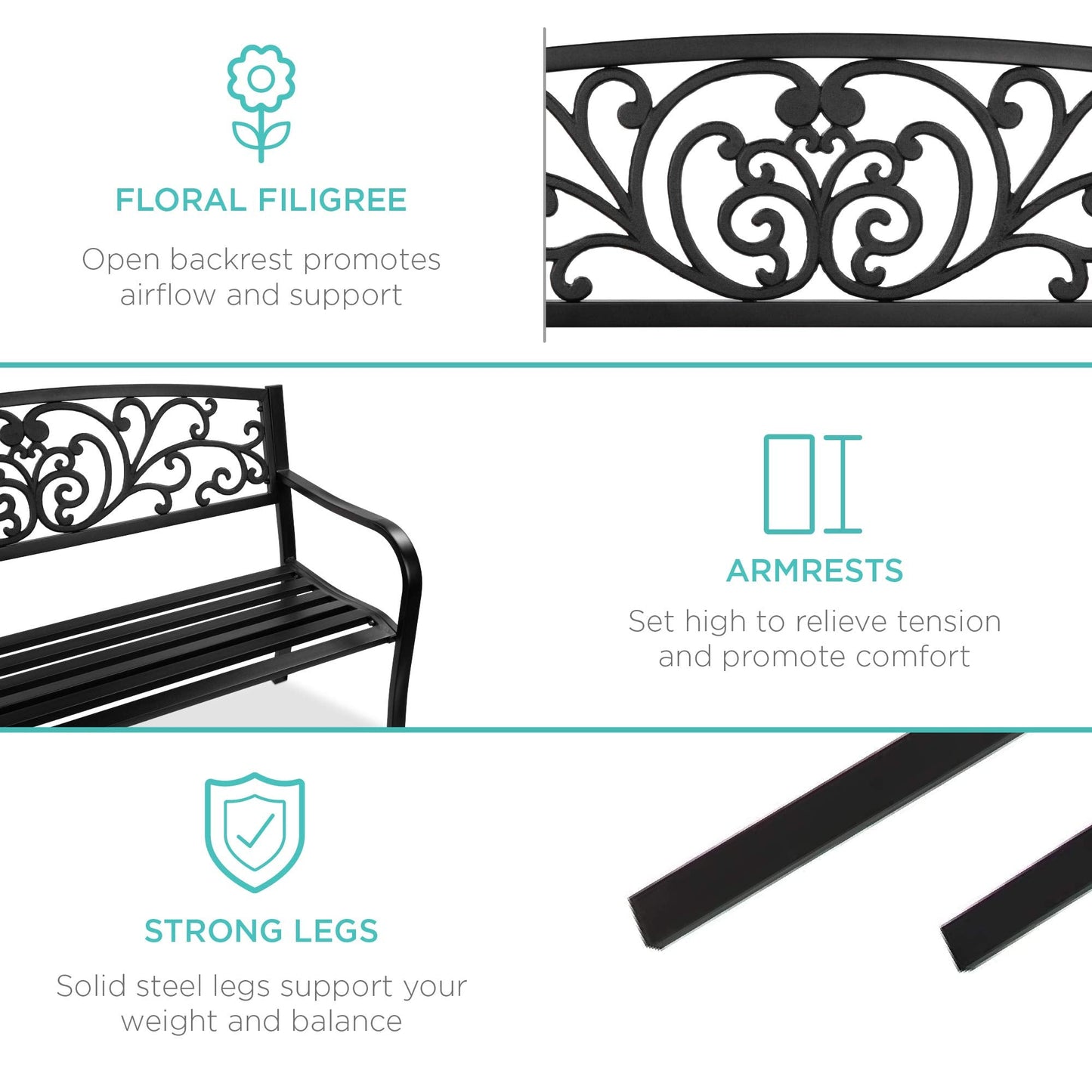 Best Choice Products Outdoor Bench Steel Garden Patio Porch Furniture for Lawn, Park, Deck w/Floral Design Backrest, Slatted Seat - Black