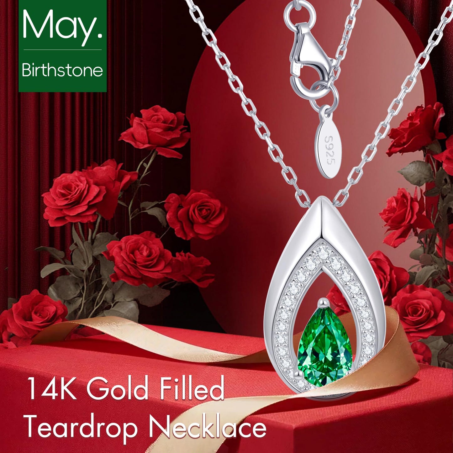 Kstyle 925 Sterling Silver Emerald May Birthstone Pendant Necklace Teardrop Jewelry Valentine's Day Anniversary Birthday Gift for Mom Sister Wife Girlfriend Her Non Tarnish