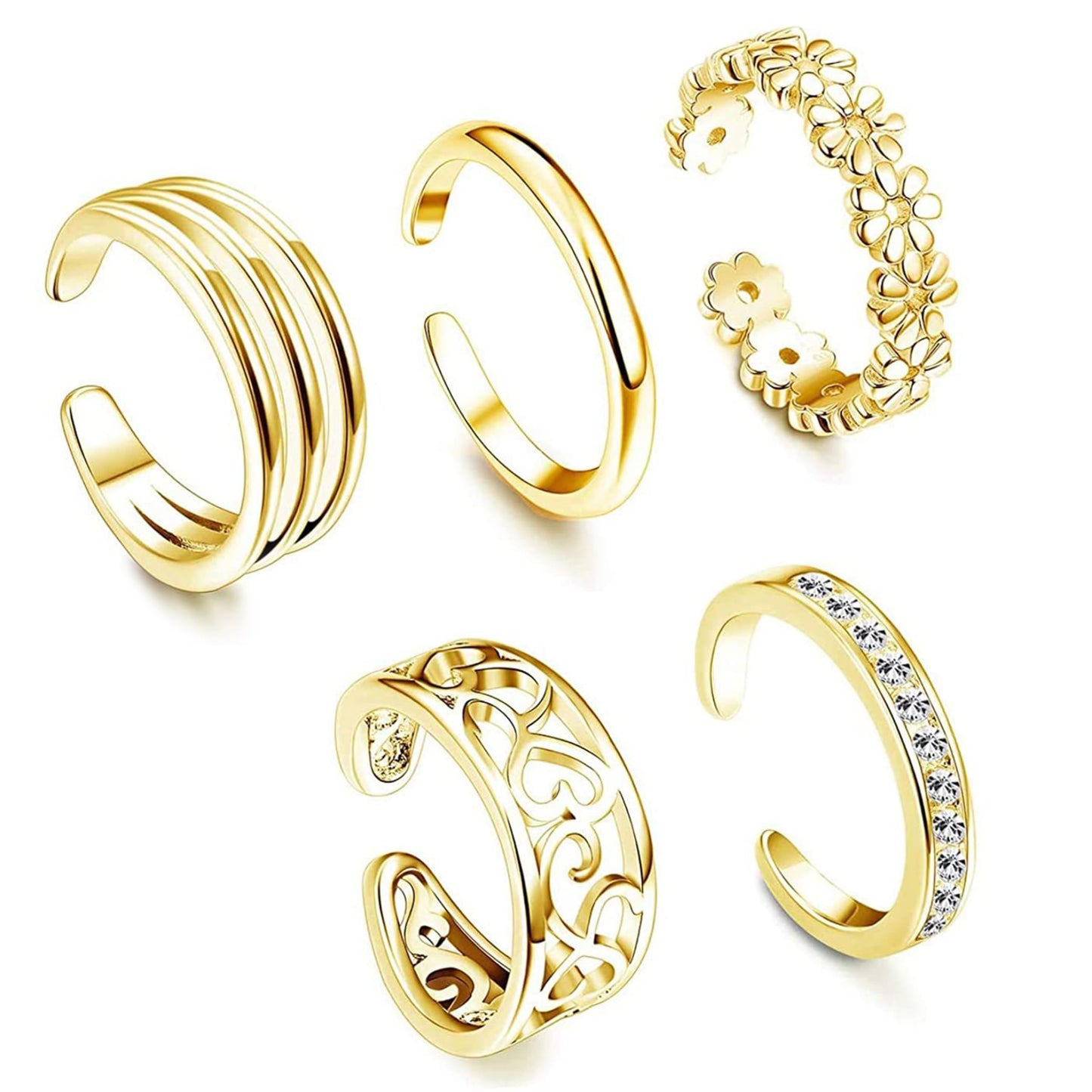 PYALXDN 5 Pcs Silver Plated Toe Rings for Women Adjustable Band Rings Open CZ Toe Ring Set Beach Foot Jewelry，Anti-allergy，Rose Gold