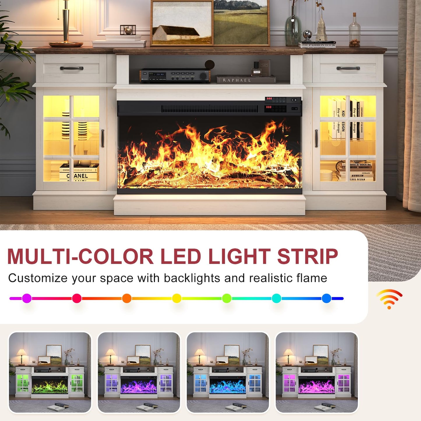 MXV 70" Fireplace TV Stand, 3-Sided Glass Fireplace and Modern Entertainment Center, Wooden Media Console with Glass Doors & Storage Drawers, LED Light, for Living Room, White