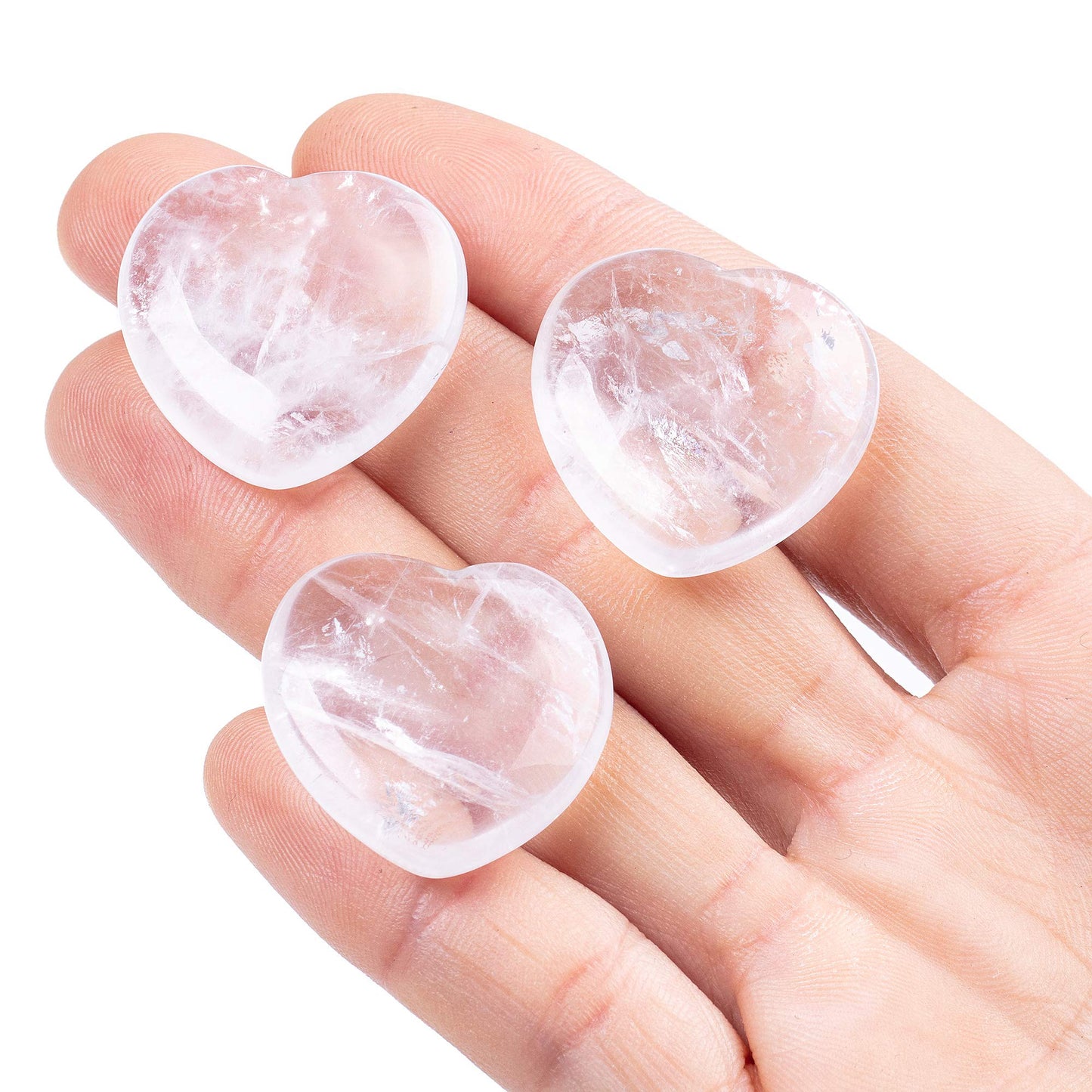 3 Pcs Natural 1 inch Clear Quartz Puffy Heart Stone, Healing Love Crystal Palm Worry Stone for Chakra Reiki Balancing, Meditation and Positive Energy