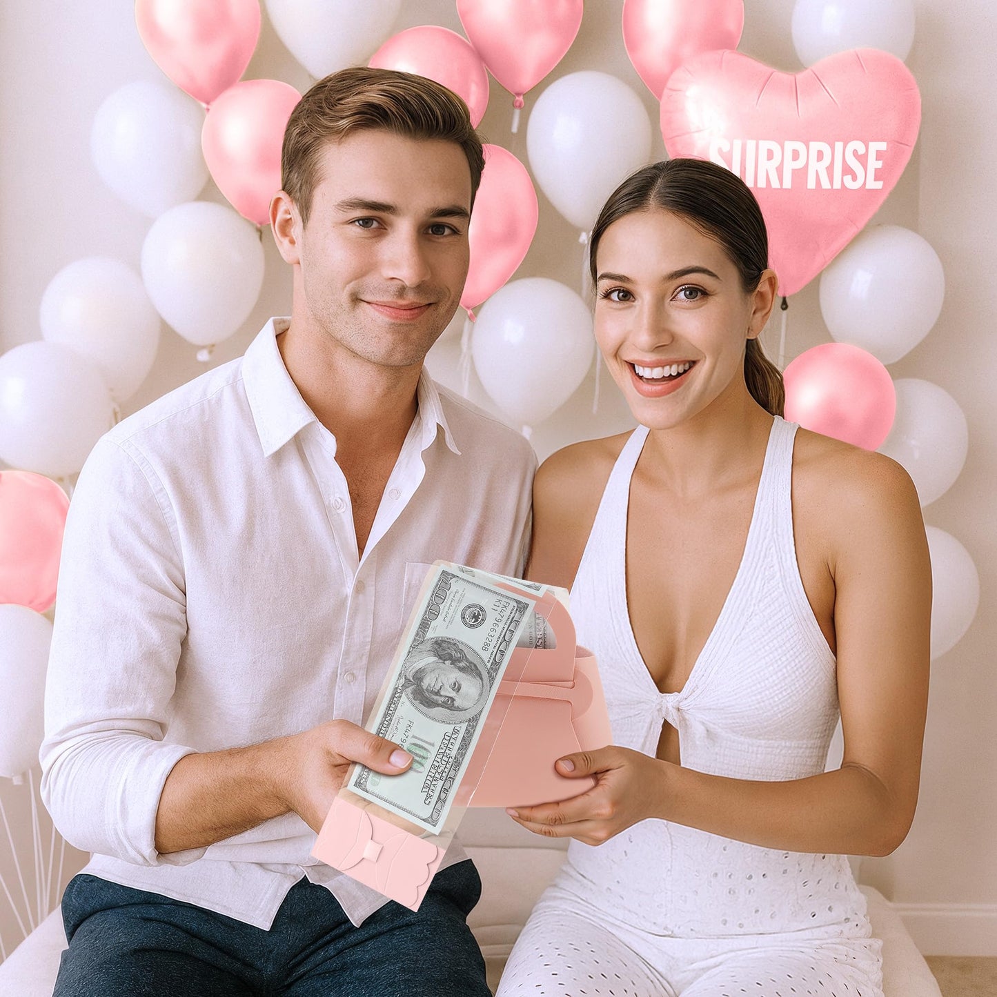 2PCS Money Pull Box for Cash, Leather Surprise Money Boxes with Ribbon Mini Money Pull Bags with 30 Pcs Transparent Bags for Birthday Party Christmas (Pink)