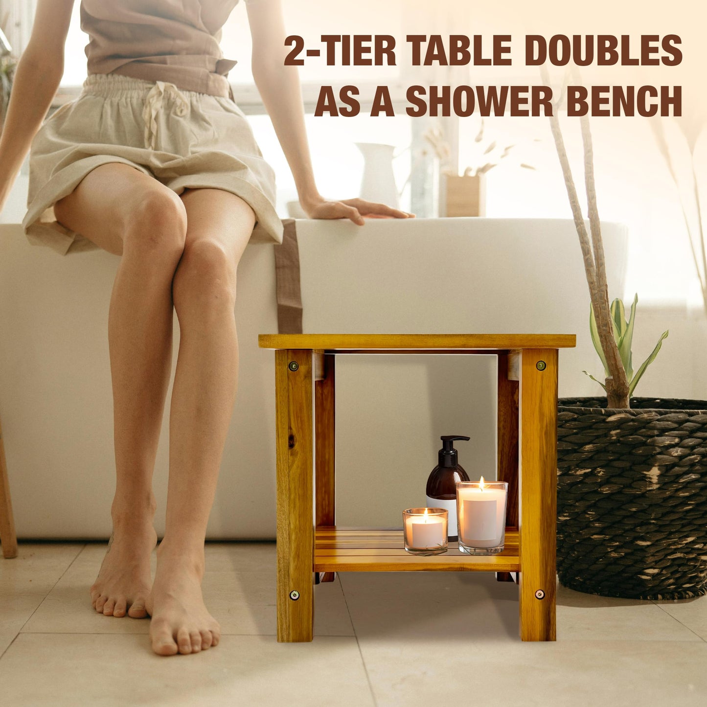 GREEN ALLUVIUM Double Adirondack Table - Weatherproof Outdoor Side Table - Patio End Tables for Outside - Adirondack Side Table - Acacia Wood 2-Tier End Table for Indoor & Outdoor Use