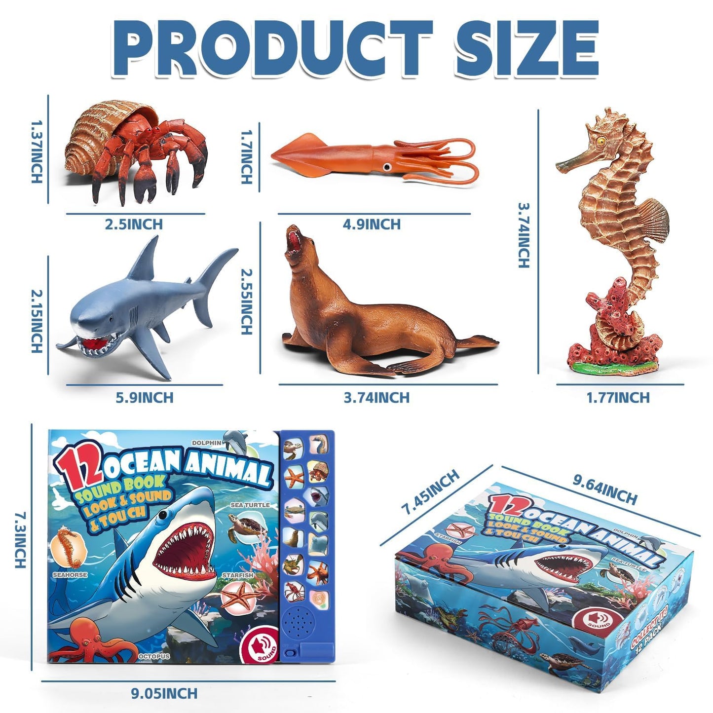 12Pack Ocean Animal Toy for Kid with Sound Book(On/Off), Gift Box, Realistic Sea Creature Figure, Educational Plastic Under the Sea life for Toddler, Birthday Party Favor, Water Table Toy for Boy Girl