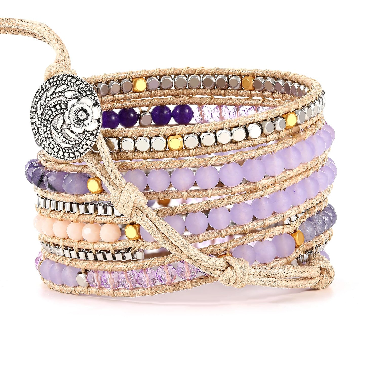 PLTGOOD Beaded Bracelets for Women Handmade Adjustable Boho Bracelets For Women Purple Natural Stone Bracelet 5 Wrap Bracelets Rope Yoga Healing Bracelet Jewelry