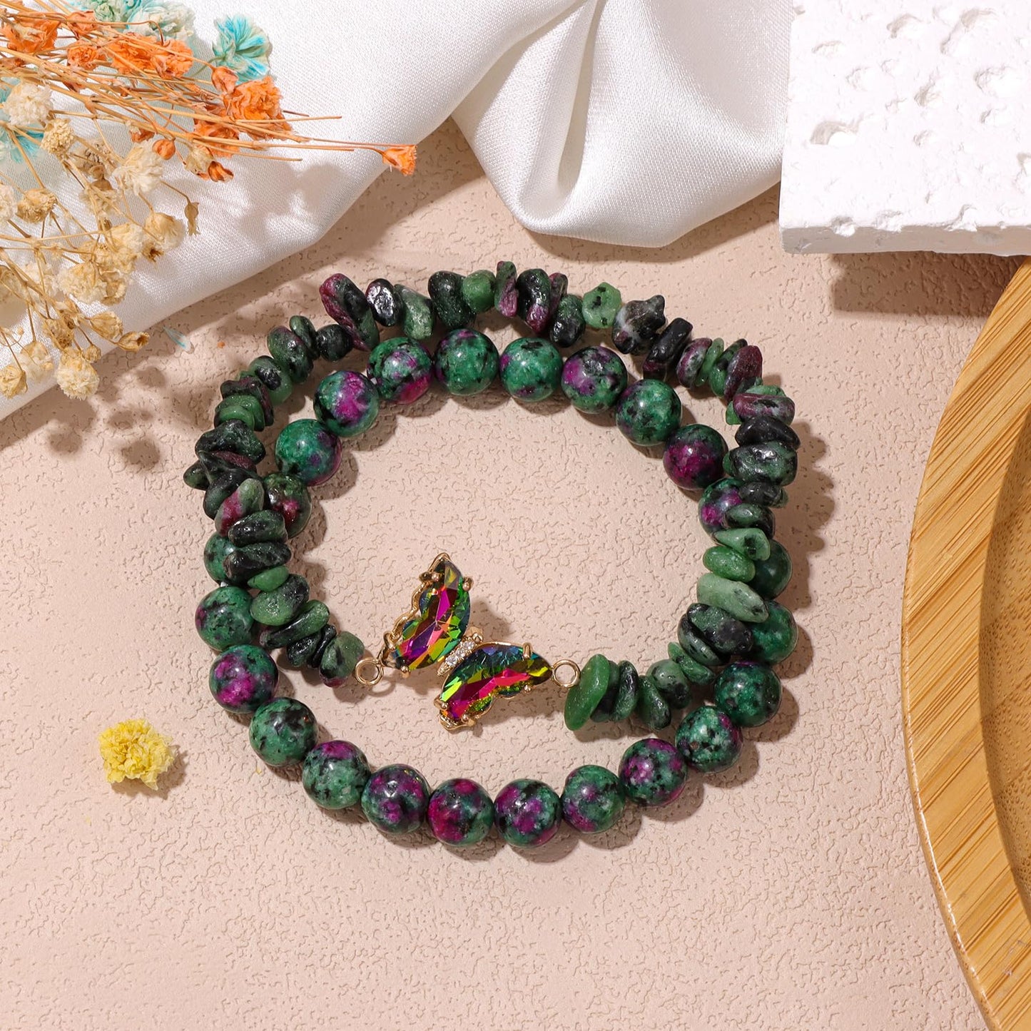 GolbalJew Epidote Stone Bracelet for Women Healing Crystal Stone Bracelets Green Gemstone Beads Stretch Bracelet Butterfly Charms Jewelry Women Gift