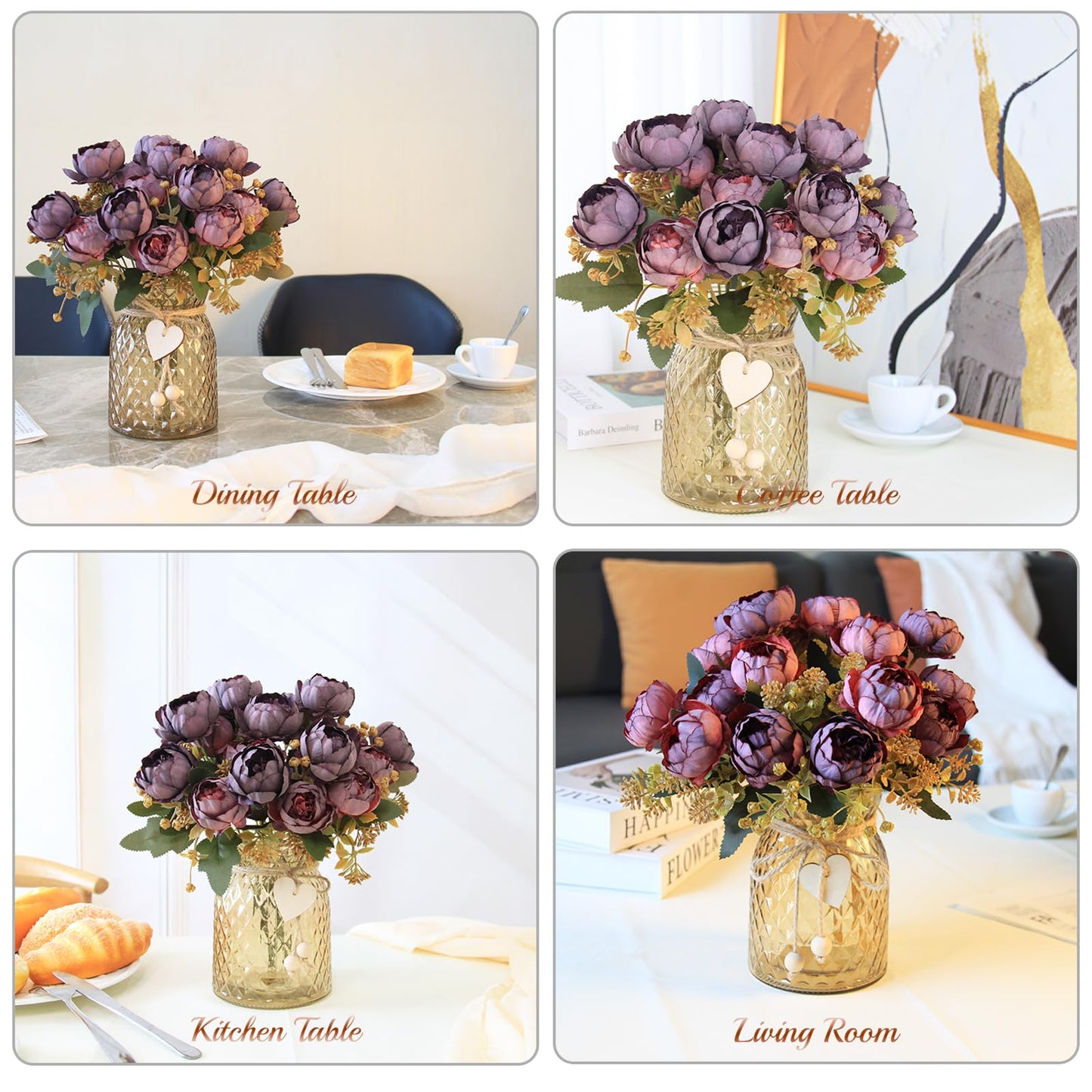 Leayiuvan Faux Flowers in Vase, Fake Flowers in Vase 21 Pcs Faux Peony Flowers, Artificial Flowers for Home Decor, Indoor Centerpiece for Living Room & Dining Table - Purple Red