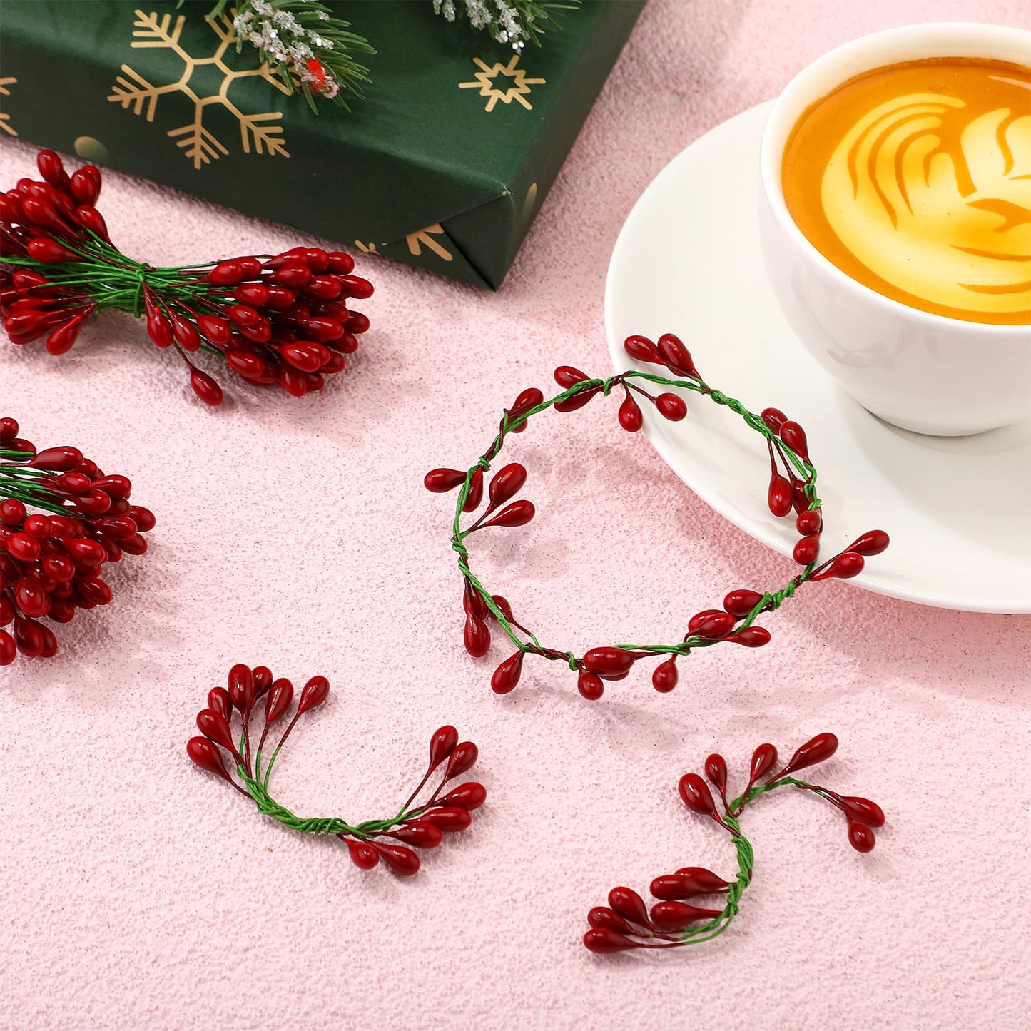 BBTO 300 Pcs Artificial Holly Christmas Fake Berries on 150 Wire Stems Berries Branches Stems Decor for Christmas Tree Decoration Wreath DIY Crafts Use Wedding Home Xmas Party Favor(Dark Red)