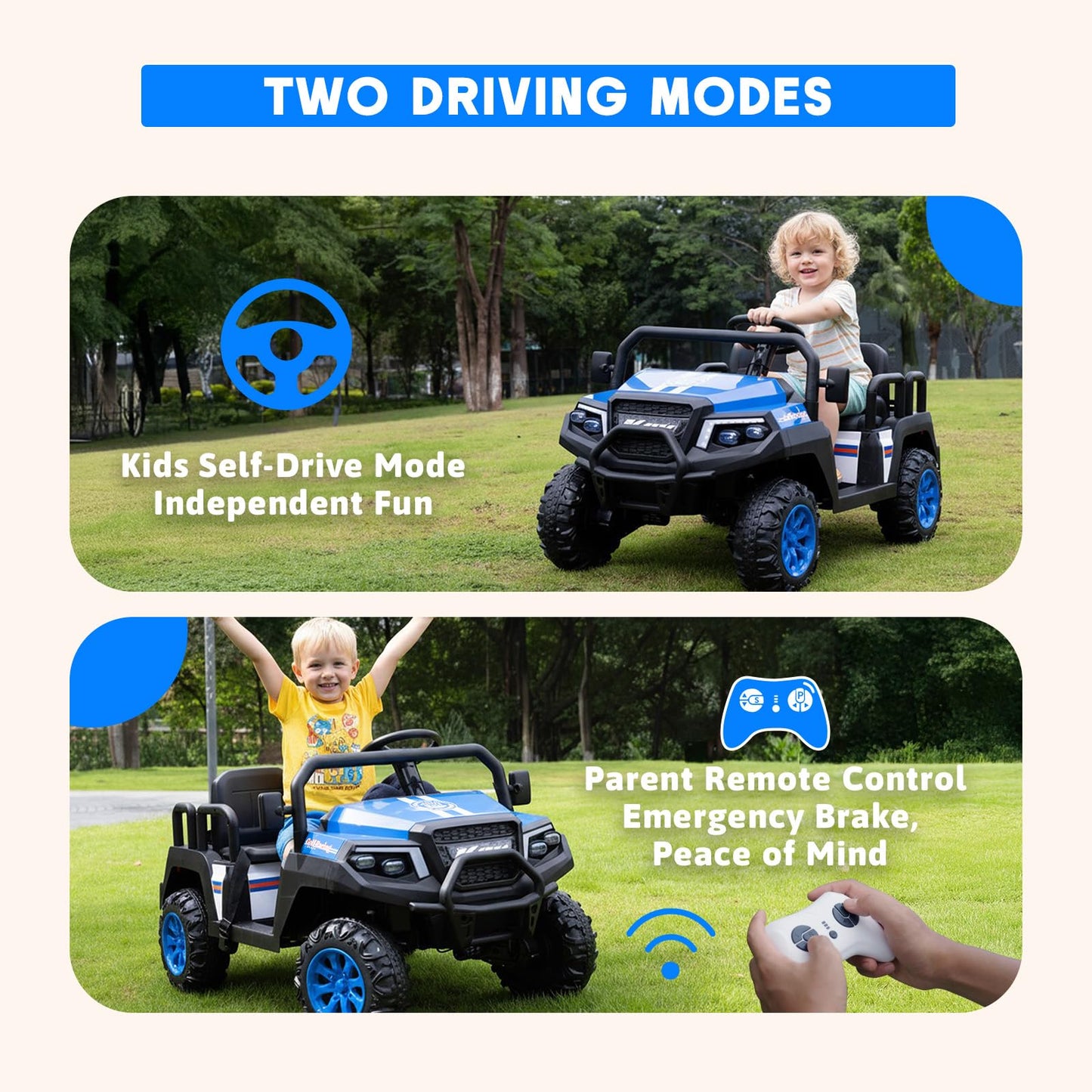 Electric Car for Kids, 24V 4 Seater Ride on Toys w/Parent Remote, 4 Wheeler Suspension, Max 220lbs Weight Capacity, USB, Music, Radio, LED Light, Ride on Truck for Boy/Girl Ages 3-8, Blue