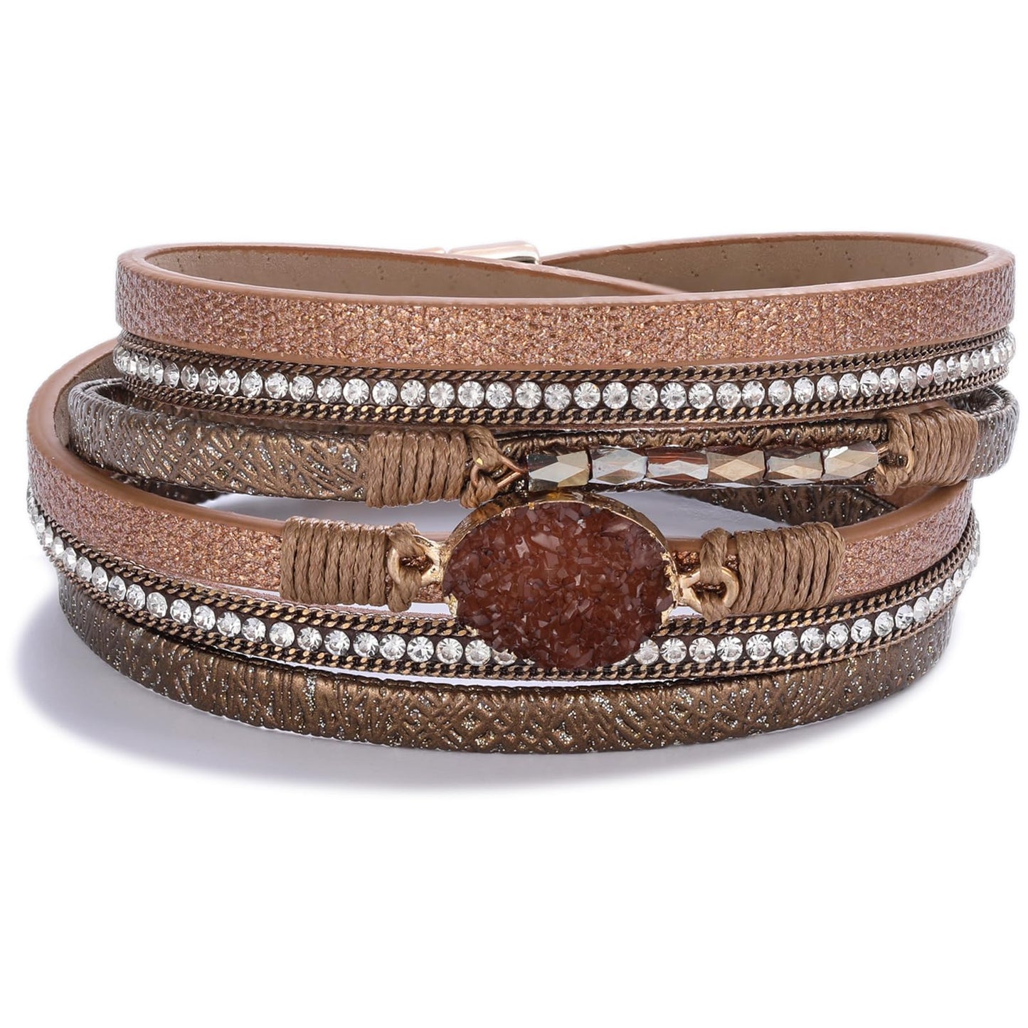 FANCY SHINY Boho Leather Wrap Bracelet Stackable Chunky Crystal Cuff Bracelets with Magnetic Clasp Cowboy Cowgirl Western Summer Beach Outfits Jewelry Gifts for Women (14.7", Brown)